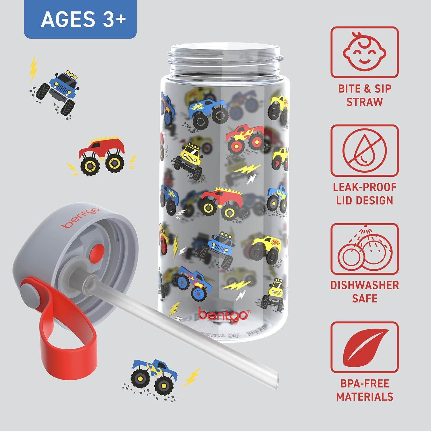 imageBentgo Kids Water Bottle LeakProof Durable Tritan BPAFree 15 oz Cup for KidsToddlers Ages 3 Bite amp Sip Spout Carrying Handle amp Dishwasher Safe for School Sports Daycare amp Camp TrucksTrucks