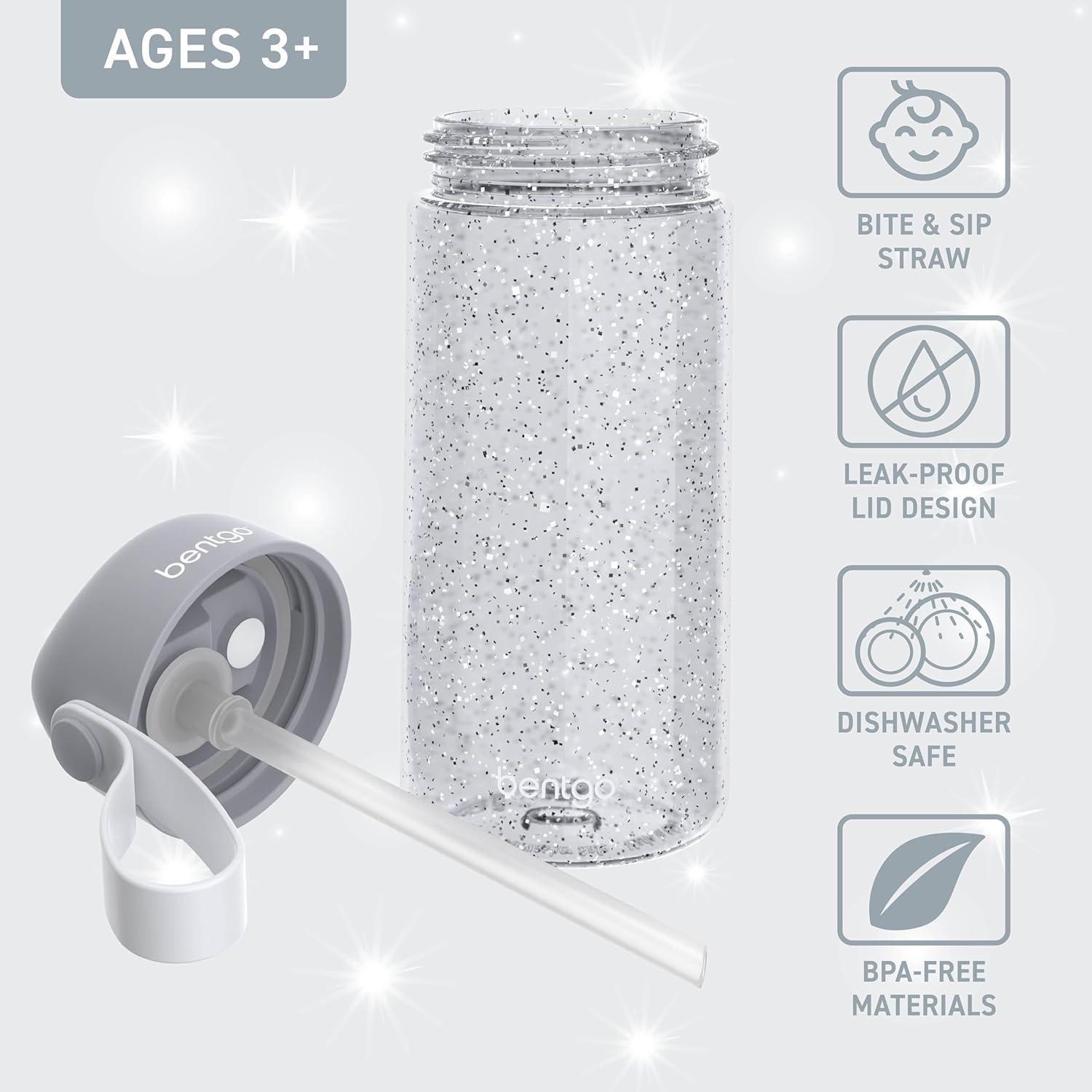 imageBentgo Kids Water Bottle LeakProof Durable Tritan BPAFree 15 oz Cup for KidsToddlers Ages 3 Bite amp Sip Spout Carrying Handle amp Dishwasher Safe for School Sports Daycare amp Camp TrucksGlitter Edition Silver