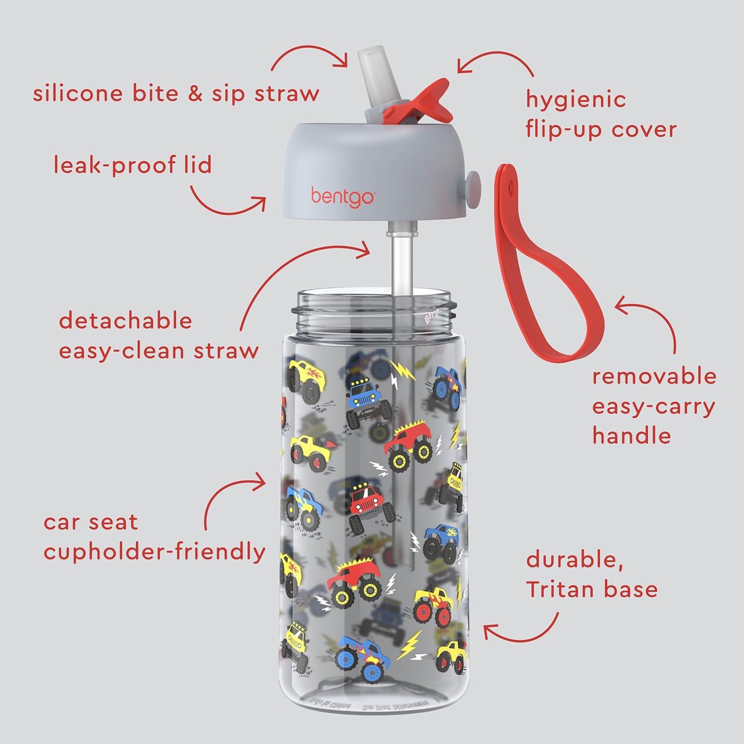 imageBentgo Kids Water Bottle LeakProof Durable Tritan BPAFree 15 oz Cup for KidsToddlers Ages 3 Bite amp Sip Spout Carrying Handle amp Dishwasher Safe for School Sports Daycare amp Camp TrucksTrucks