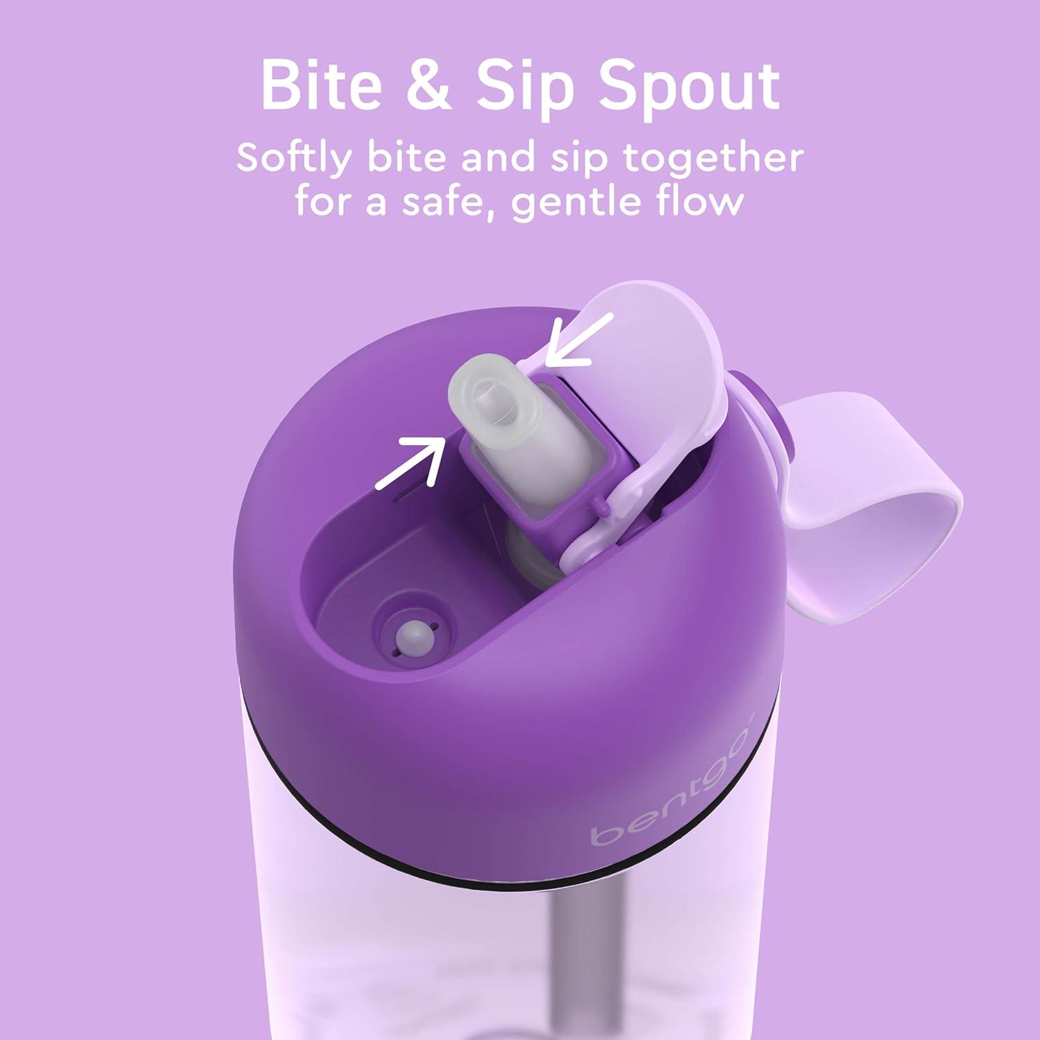 imageBentgo Kids Water Bottle LeakProof Durable Tritan BPAFree 15 oz Cup for KidsToddlers Ages 3 Bite amp Sip Spout Carrying Handle amp Dishwasher Safe for School Sports Daycare amp Camp TrucksPurple