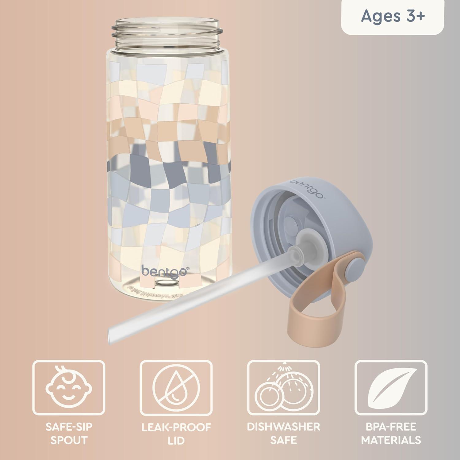 imageBentgo Kids Water Bottle LeakProof Durable Tritan BPAFree 15 oz Cup for KidsToddlers Ages 3 Bite amp Sip Spout Carrying Handle amp Dishwasher Safe for School Sports Daycare amp Camp TrucksChecker Gradient