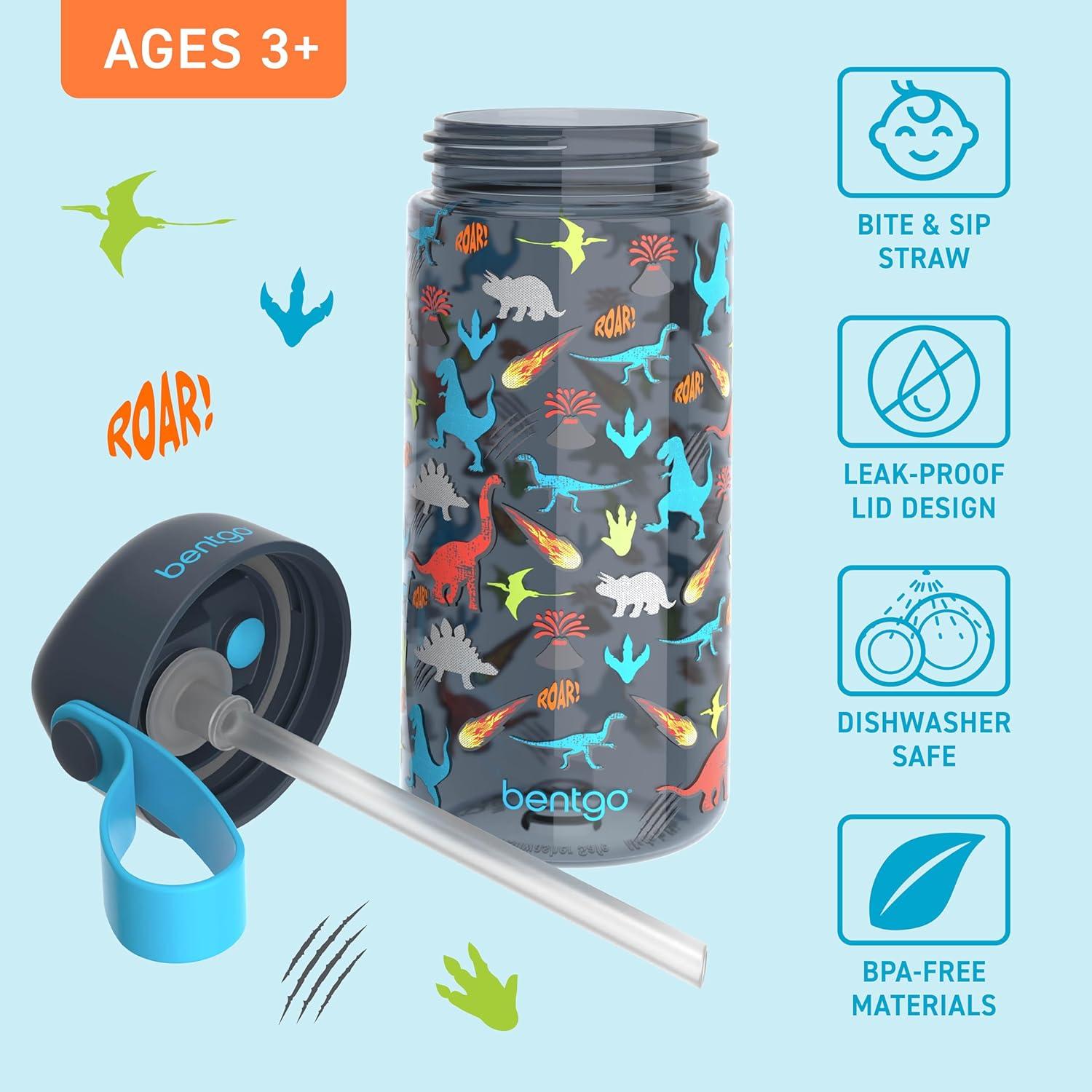 imageBentgo Kids Water Bottle LeakProof Durable Tritan BPAFree 15 oz Cup for KidsToddlers Ages 3 Bite amp Sip Spout Carrying Handle amp Dishwasher Safe for School Sports Daycare amp Camp TrucksDinosaur
