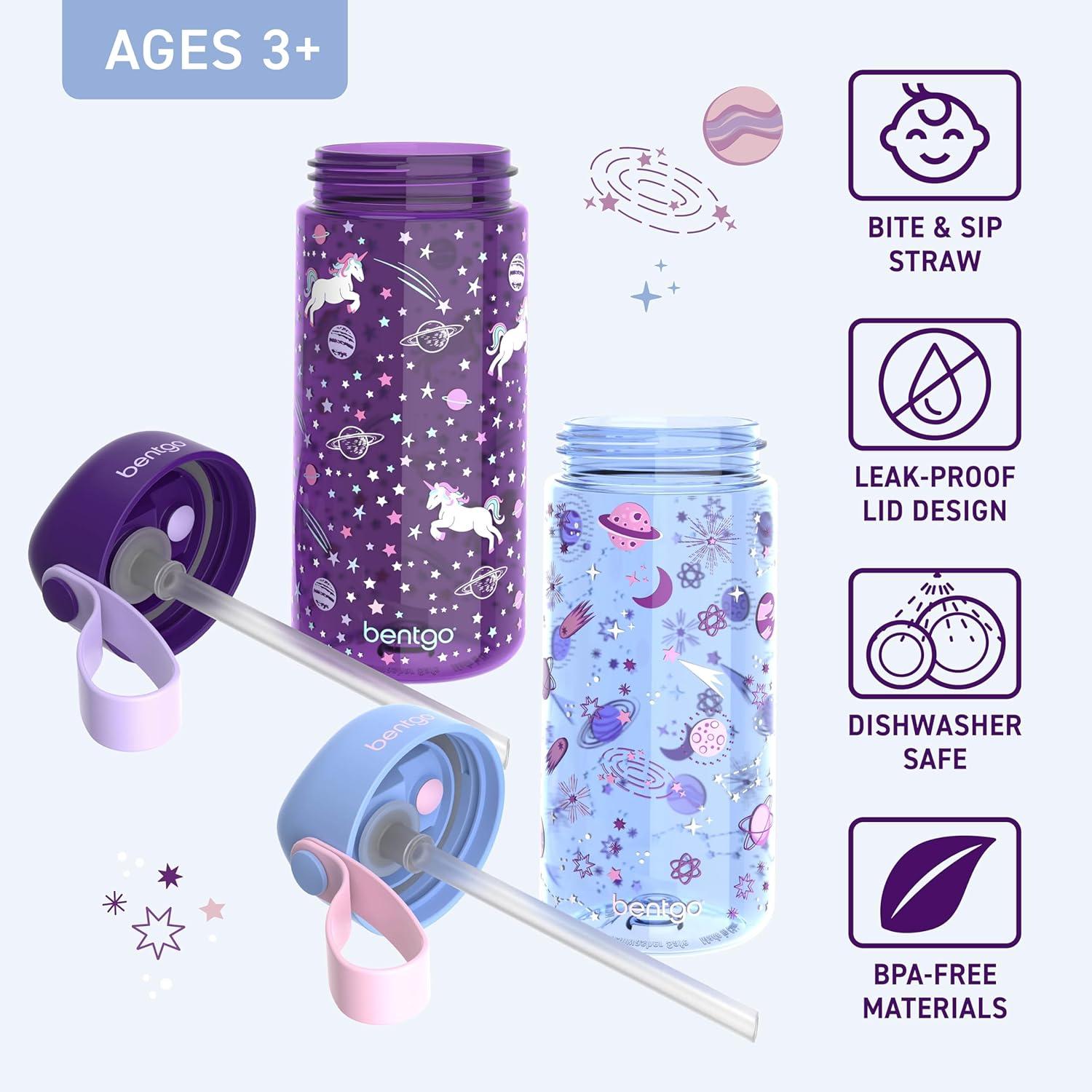 imageBentgo Kids Water Bottle LeakProof Durable Tritan BPAFree 15 oz Cup for KidsToddlers Ages 3 Bite amp Sip Spout Carrying Handle amp Dishwasher Safe for School Sports Daycare amp Camp TrucksUnicorn Lavender Galaxy
