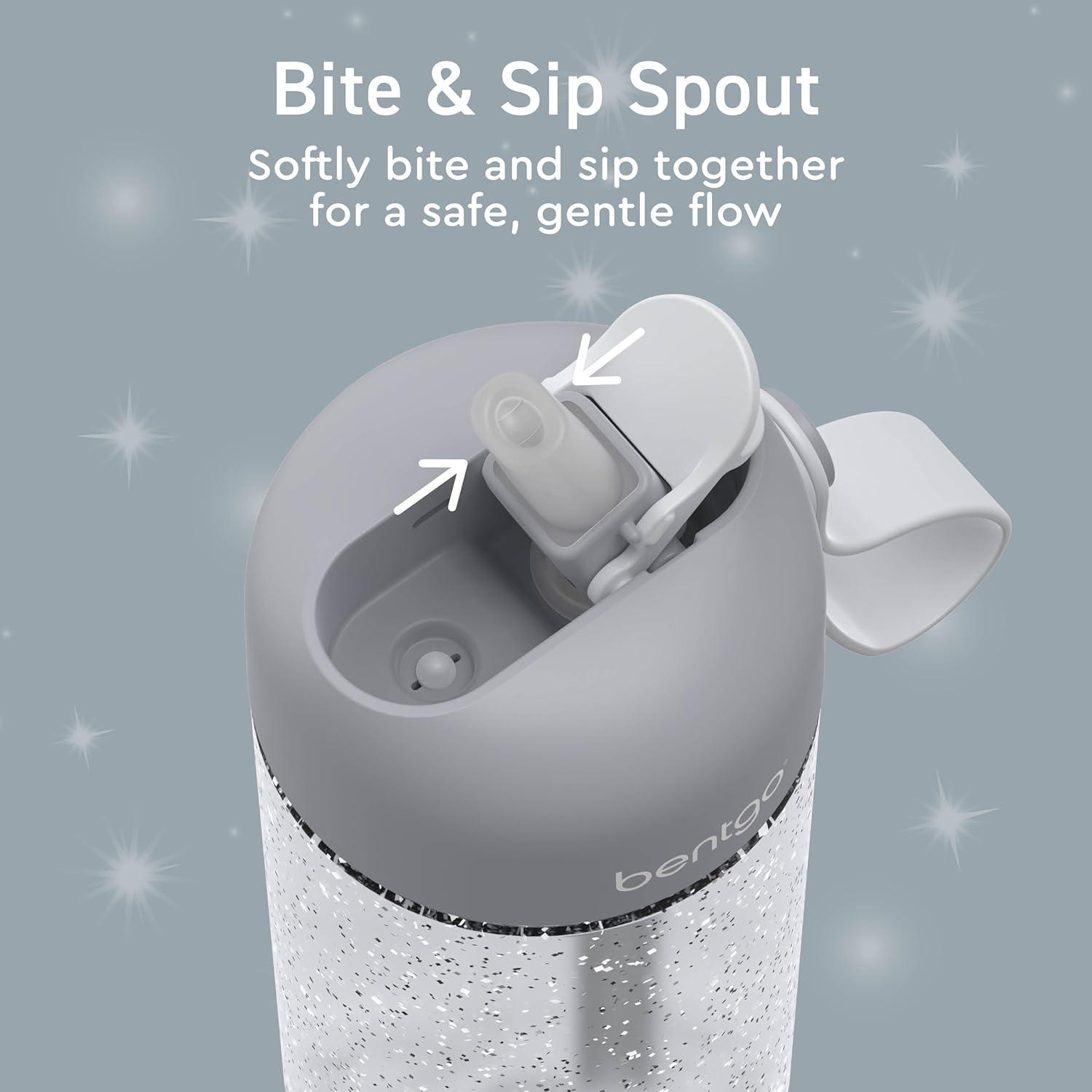 imageBentgo Kids Water Bottle LeakProof Durable Tritan BPAFree 15 oz Cup for KidsToddlers Ages 3 Bite amp Sip Spout Carrying Handle amp Dishwasher Safe for School Sports Daycare amp Camp TrucksGlitter Edition Silver