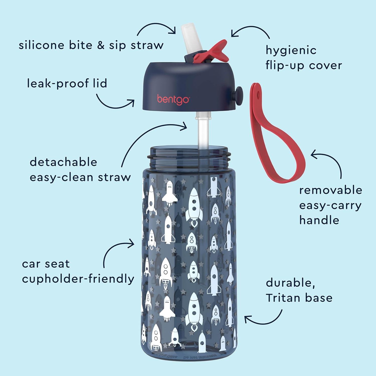 imageBentgo Kids Water Bottle LeakProof Durable Tritan BPAFree 15 oz Cup for KidsToddlers Ages 3 Bite amp Sip Spout Carrying Handle amp Dishwasher Safe for School Sports Daycare amp Camp TrucksRocket Shark