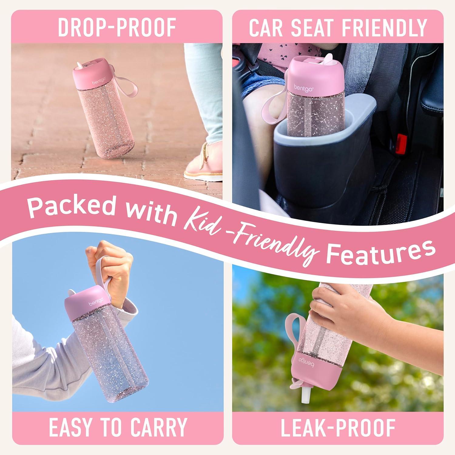 imageBentgo Kids Water Bottle LeakProof Durable Tritan BPAFree 15 oz Cup for KidsToddlers Ages 3 Bite amp Sip Spout Carrying Handle amp Dishwasher Safe for School Sports Daycare amp Camp TrucksGlitter Edition Petal Pink