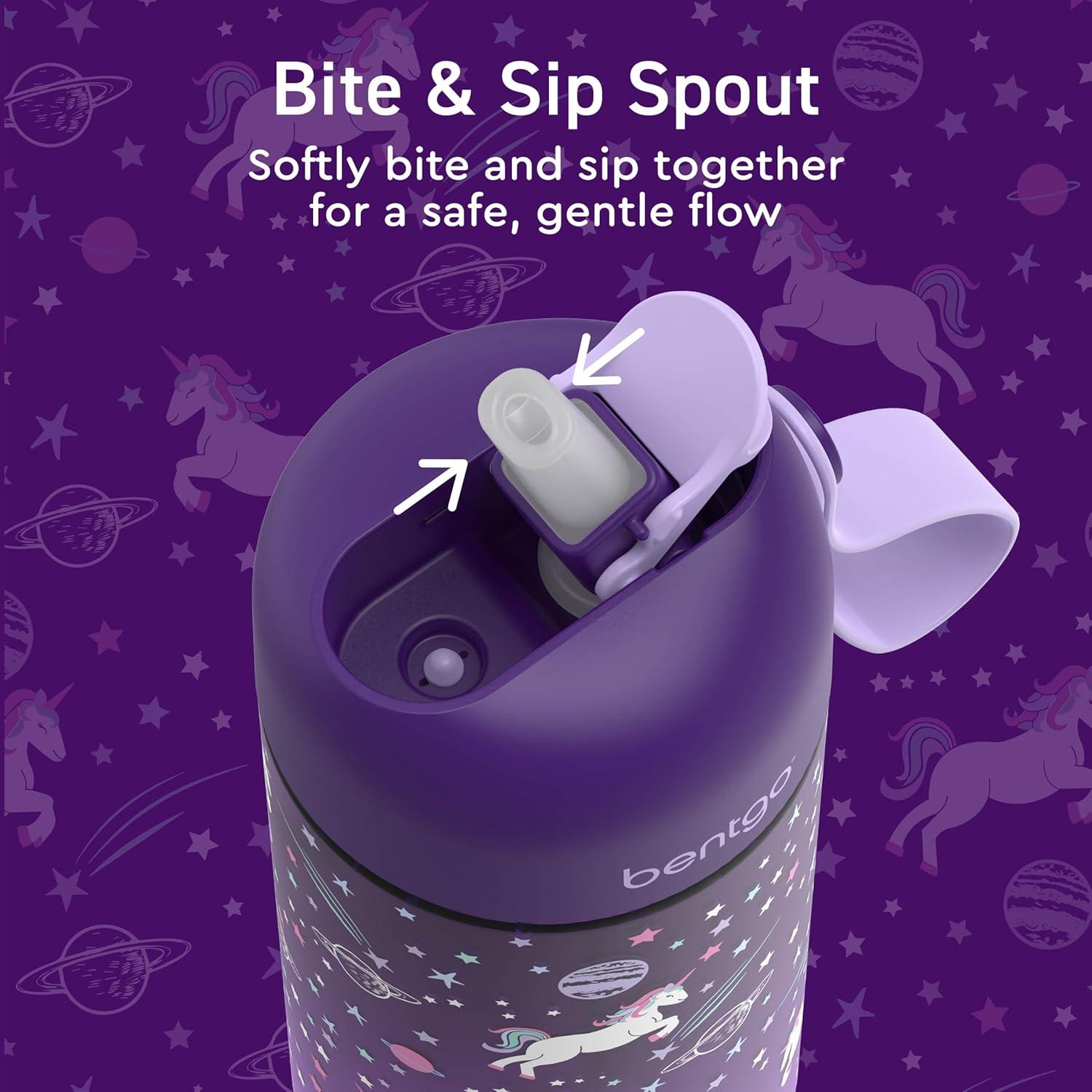 imageBentgo Kids Water Bottle LeakProof Durable Tritan BPAFree 15 oz Cup for KidsToddlers Ages 3 Bite amp Sip Spout Carrying Handle amp Dishwasher Safe for School Sports Daycare amp Camp TrucksUnicorn Lavender Galaxy