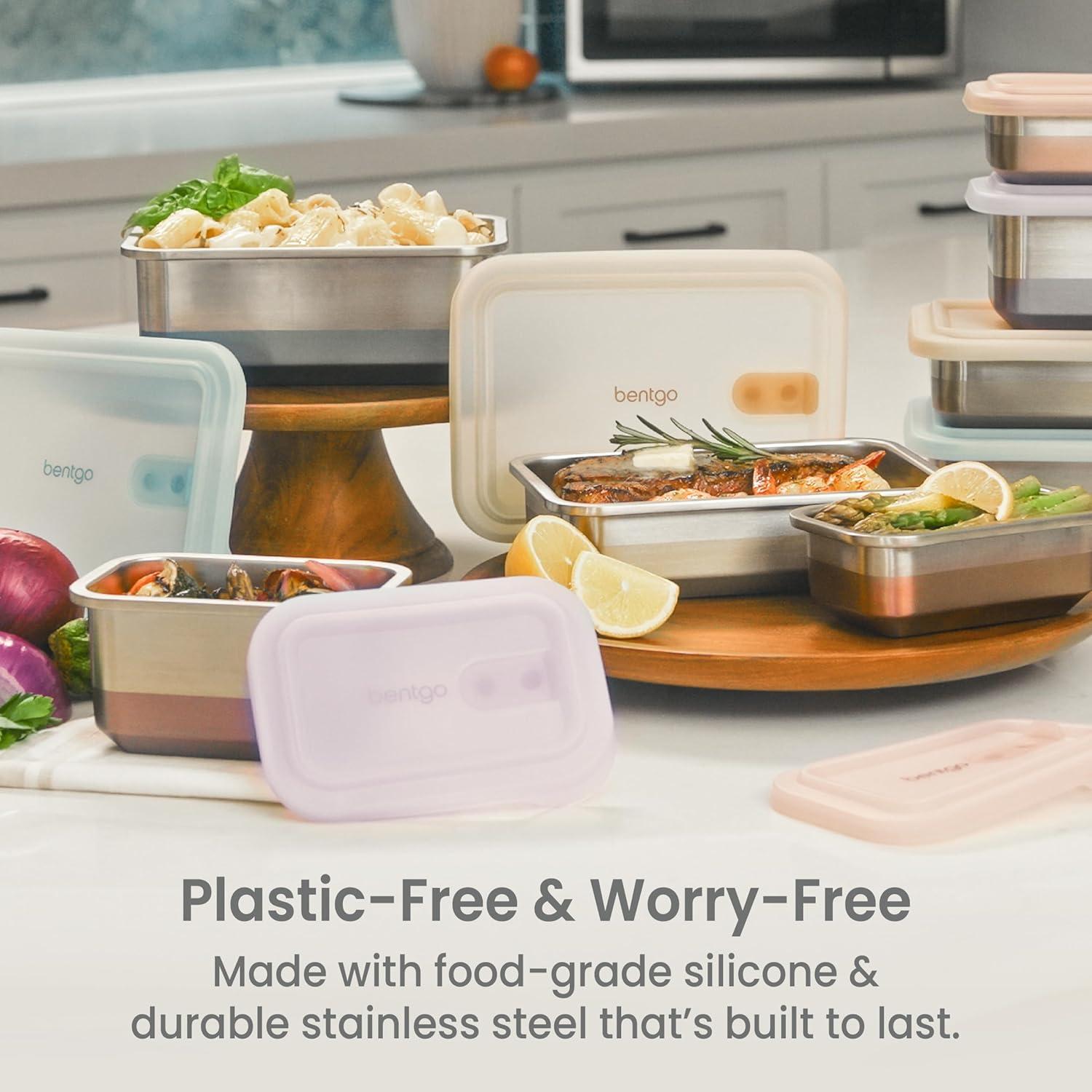 imageBentgo MicroSteel Heat amp Eat Container MicrowaveSafe LeakProof amp Airtight EasytoClean Lightweight Stainless Steel Reusable Food Storage with Silicone Lid Dinner Size 55Cup Capacity GoldSnack Size 2 Cups Rose