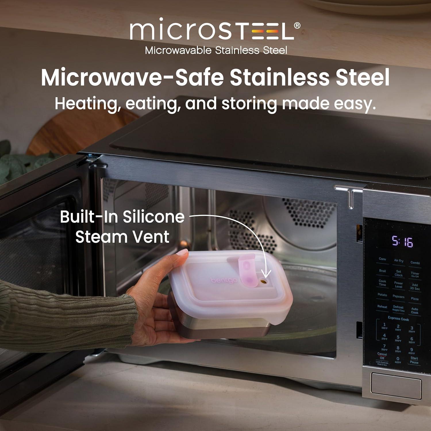 imageBentgo MicroSteel Heat amp Eat Container MicrowaveSafe LeakProof amp Airtight EasytoClean Lightweight Stainless Steel Reusable Food Storage with Silicone Lid Dinner Size 55Cup Capacity GoldLunch Size 3 Cups Dusk