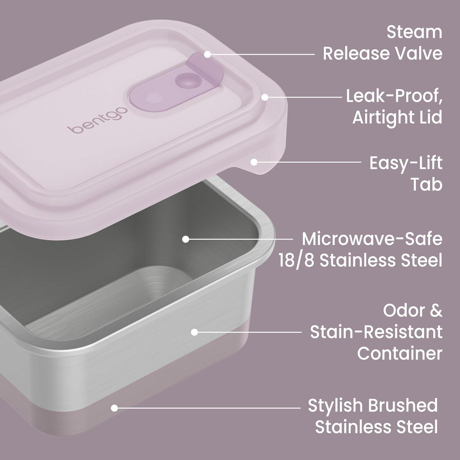 imageBentgo MicroSteel Heat amp Eat Container MicrowaveSafe LeakProof amp Airtight EasytoClean Lightweight Stainless Steel Reusable Food Storage with Silicone Lid Dinner Size 55Cup Capacity GoldLunch Size 3 Cups Dusk