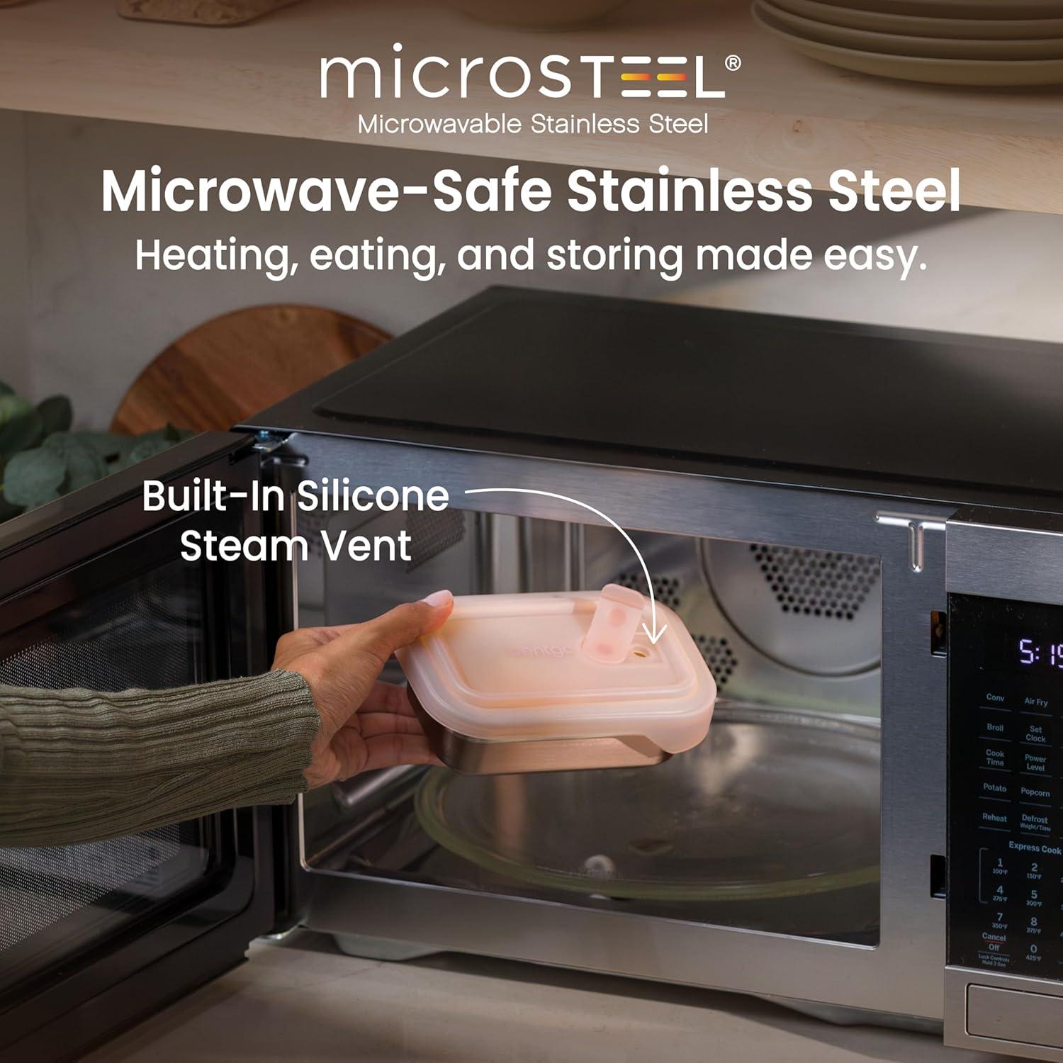 imageBentgo MicroSteel Heat amp Eat Container MicrowaveSafe LeakProof amp Airtight EasytoClean Lightweight Stainless Steel Reusable Food Storage with Silicone Lid Dinner Size 55Cup Capacity GoldSnack Size 2 Cups Rose
