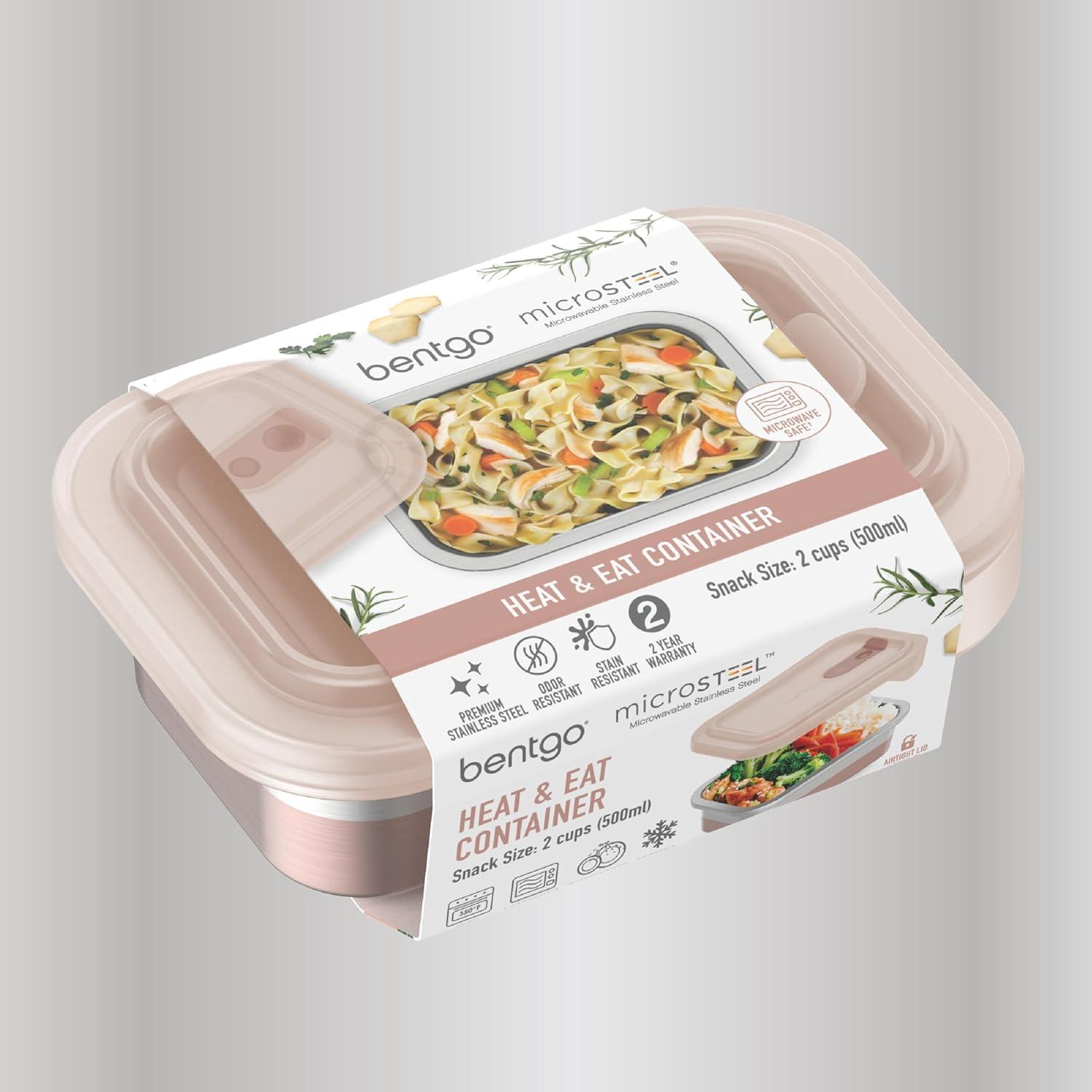 imageBentgo MicroSteel Heat amp Eat Container MicrowaveSafe LeakProof amp Airtight EasytoClean Lightweight Stainless Steel Reusable Food Storage with Silicone Lid Dinner Size 55Cup Capacity GoldSnack Size 2 Cups Rose