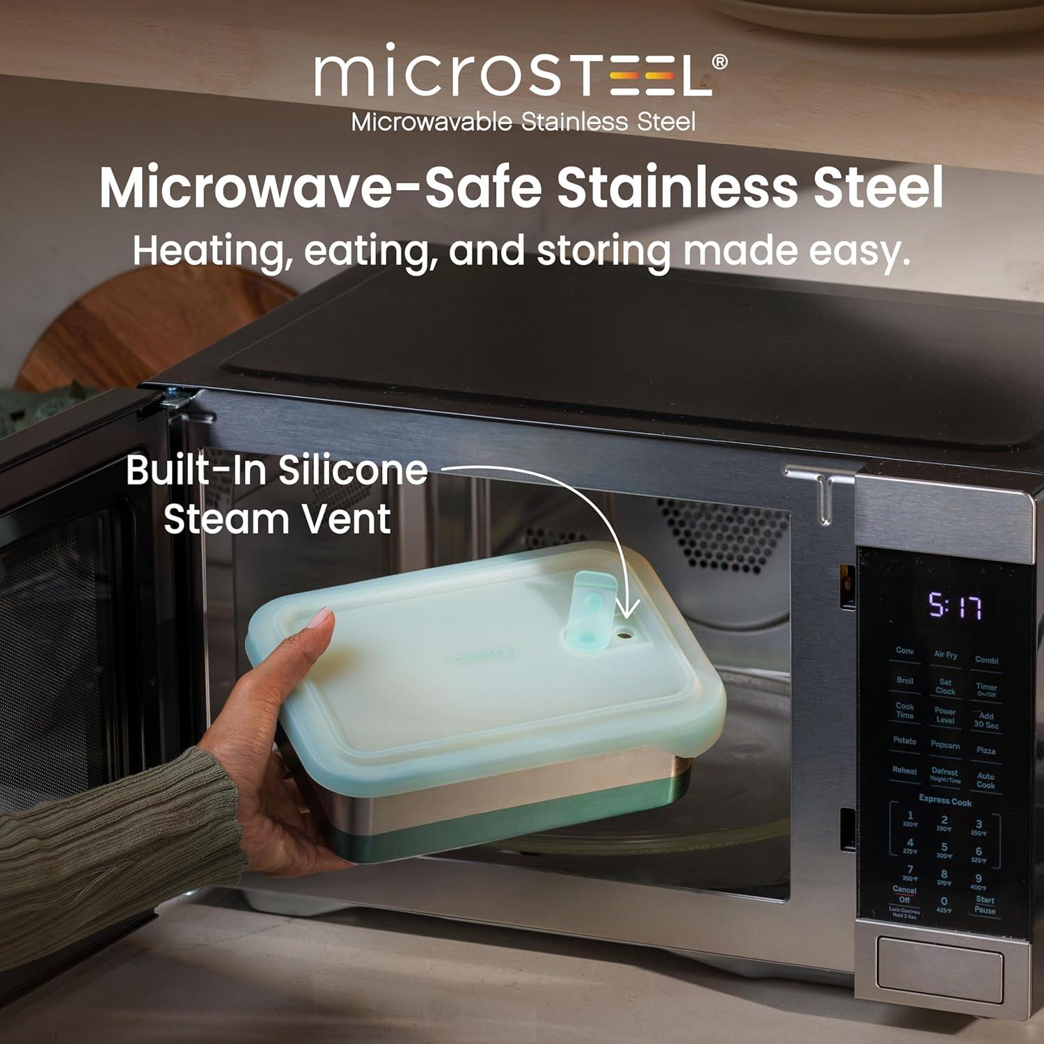 imageBentgo MicroSteel Heat amp Eat Container MicrowaveSafe LeakProof amp Airtight EasytoClean Lightweight Stainless Steel Reusable Food Storage with Silicone Lid Dinner Size 55Cup Capacity GoldFamily Size 85 Cups Aqua
