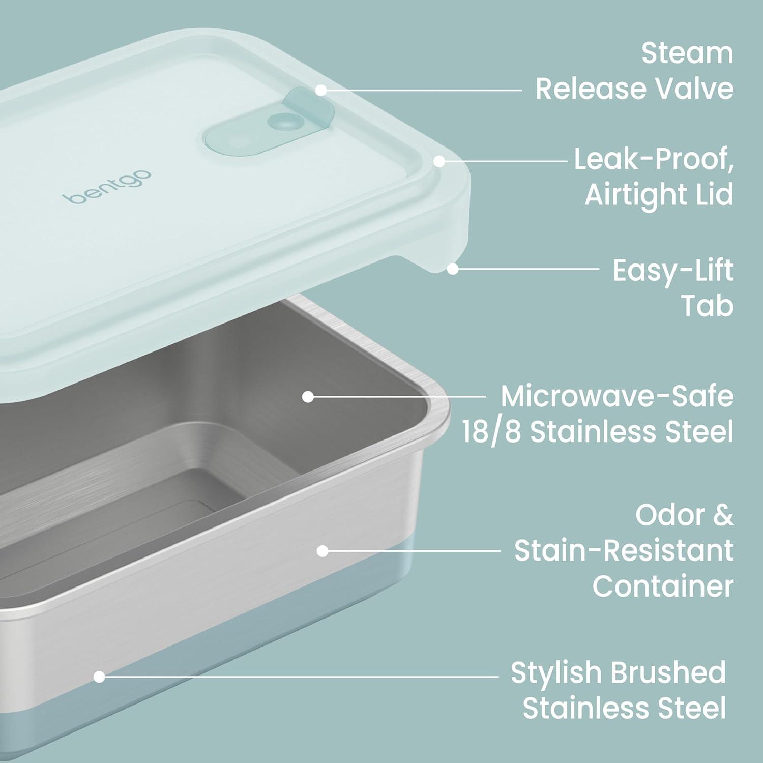 imageBentgo MicroSteel Heat amp Eat Container MicrowaveSafe LeakProof amp Airtight EasytoClean Lightweight Stainless Steel Reusable Food Storage with Silicone Lid Dinner Size 55Cup Capacity GoldFamily Size 85 Cups Aqua