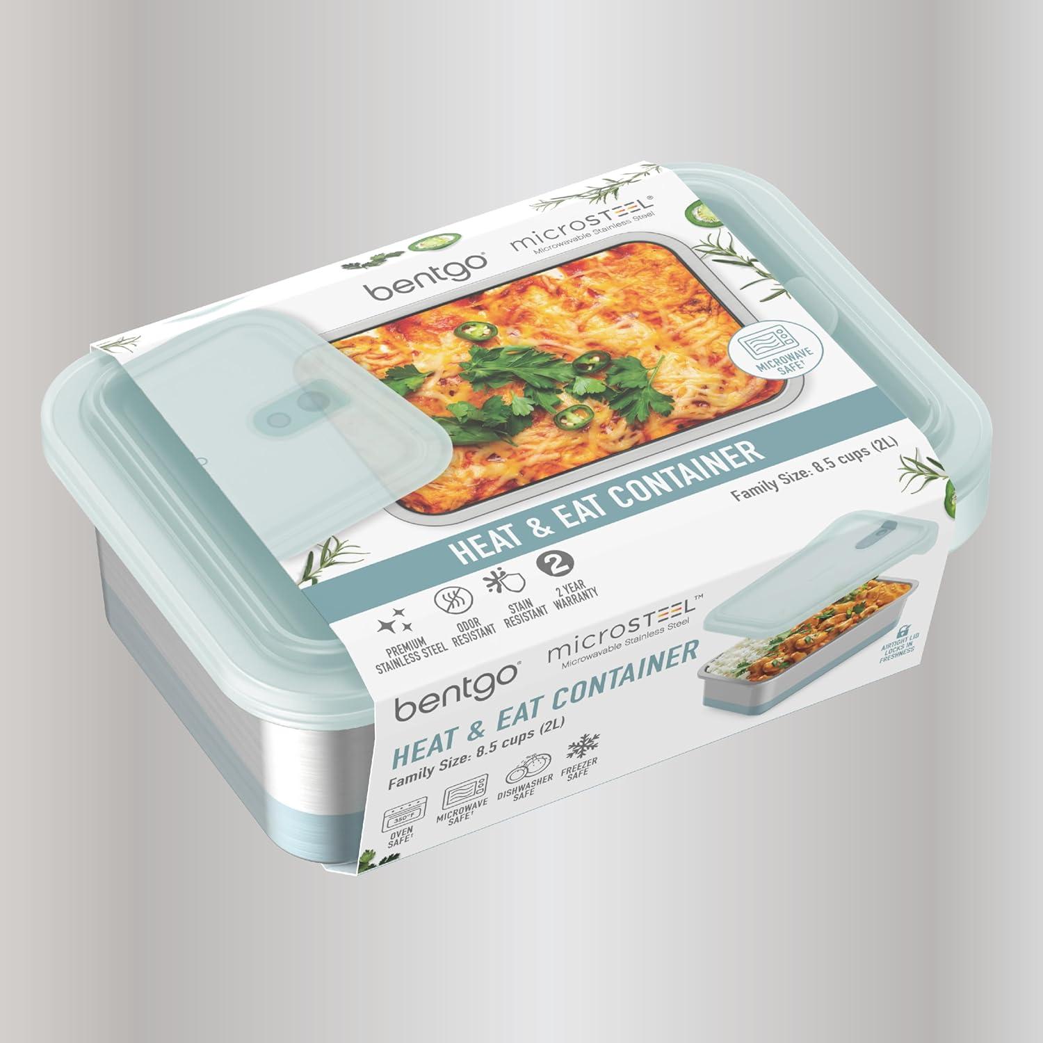 imageBentgo MicroSteel Heat amp Eat Container MicrowaveSafe LeakProof amp Airtight EasytoClean Lightweight Stainless Steel Reusable Food Storage with Silicone Lid Dinner Size 55Cup Capacity GoldFamily Size 85 Cups Aqua