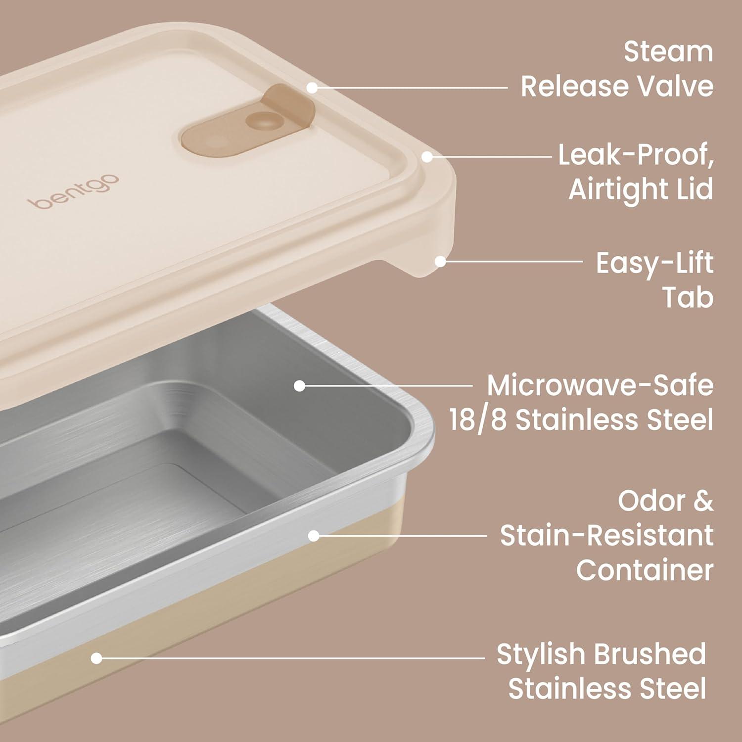 imageBentgo MicroSteel Heat amp Eat Container MicrowaveSafe LeakProof amp Airtight EasytoClean Lightweight Stainless Steel Reusable Food Storage with Silicone Lid Dinner Size 55Cup Capacity GoldDinner Size 55 Cups Gold