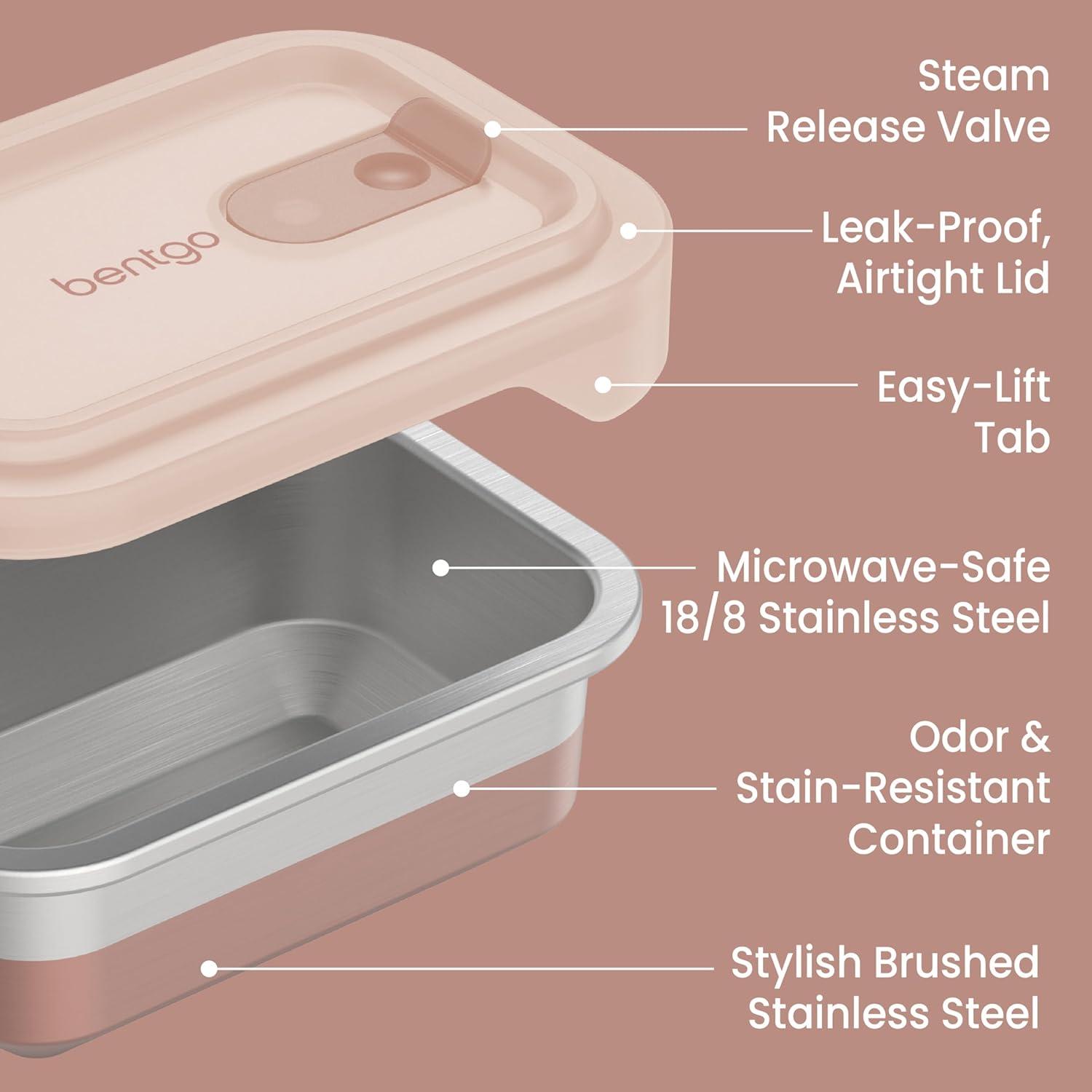 imageBentgo MicroSteel Heat amp Eat Container MicrowaveSafe LeakProof amp Airtight EasytoClean Lightweight Stainless Steel Reusable Food Storage with Silicone Lid Dinner Size 55Cup Capacity GoldSnack Size 2 Cups Rose