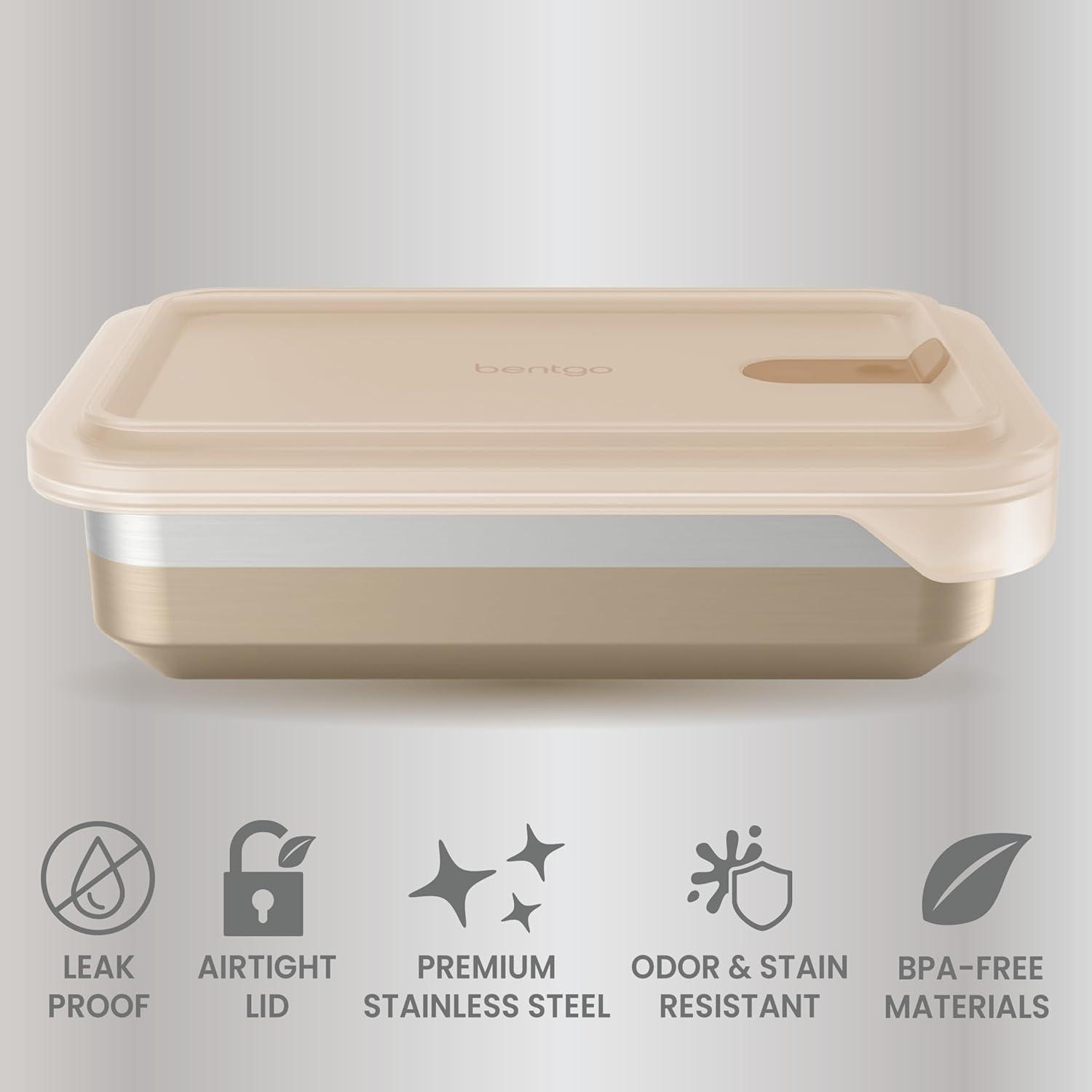 imageBentgo MicroSteel Heat amp Eat Container MicrowaveSafe LeakProof amp Airtight EasytoClean Lightweight Stainless Steel Reusable Food Storage with Silicone Lid Dinner Size 55Cup Capacity GoldDinner Size 55 Cups Gold