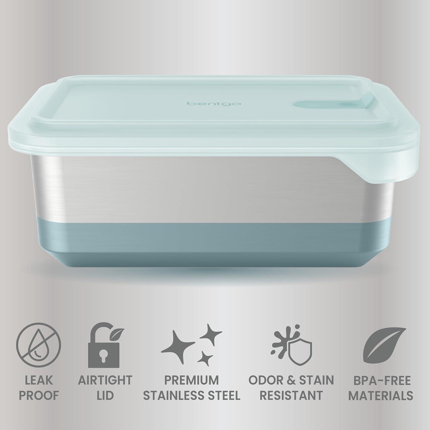 imageBentgo MicroSteel Heat amp Eat Container MicrowaveSafe LeakProof amp Airtight EasytoClean Lightweight Stainless Steel Reusable Food Storage with Silicone Lid Dinner Size 55Cup Capacity GoldFamily Size 85 Cups Aqua