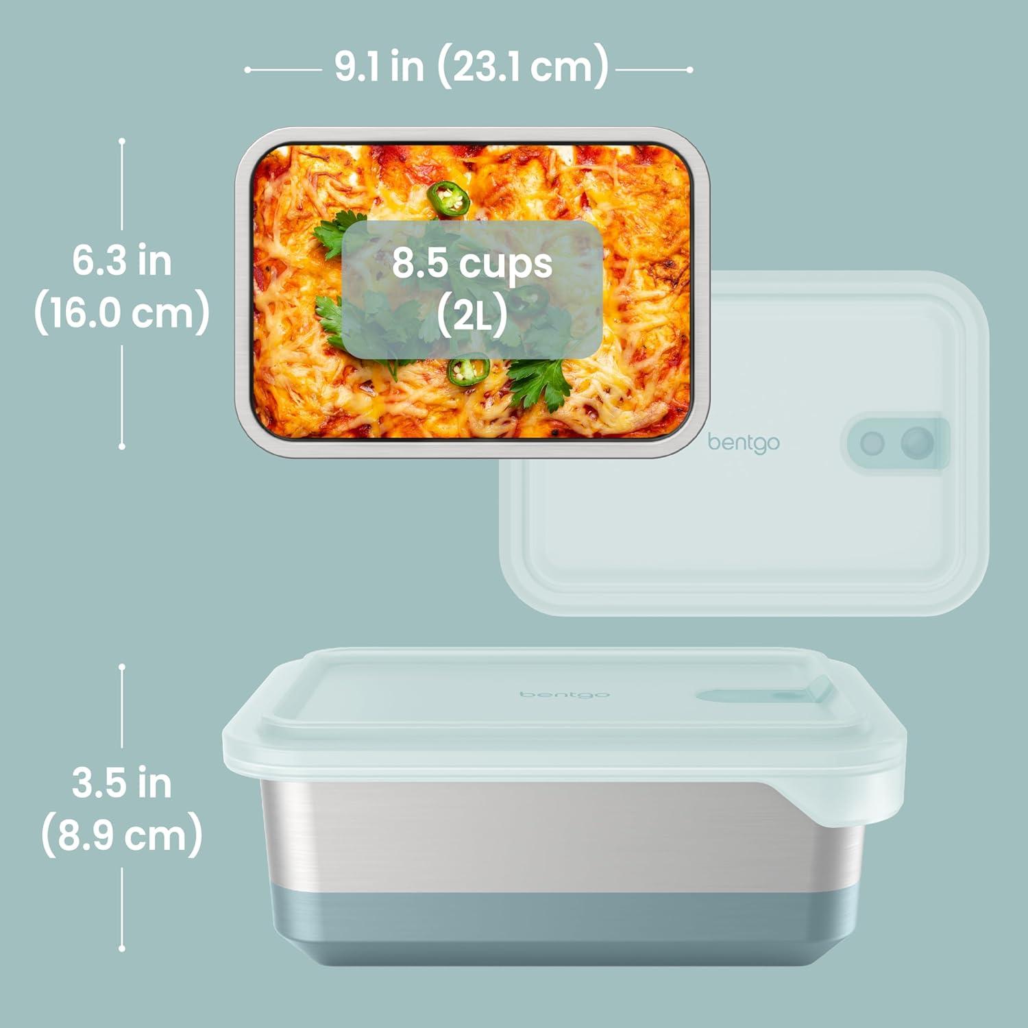 imageBentgo MicroSteel Heat amp Eat Container MicrowaveSafe LeakProof amp Airtight EasytoClean Lightweight Stainless Steel Reusable Food Storage with Silicone Lid Dinner Size 55Cup Capacity GoldFamily Size 85 Cups Aqua