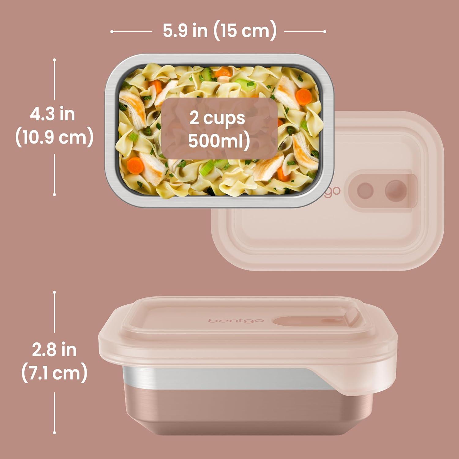imageBentgo MicroSteel Heat amp Eat Container MicrowaveSafe LeakProof amp Airtight EasytoClean Lightweight Stainless Steel Reusable Food Storage with Silicone Lid Dinner Size 55Cup Capacity GoldSnack Size 2 Cups Rose