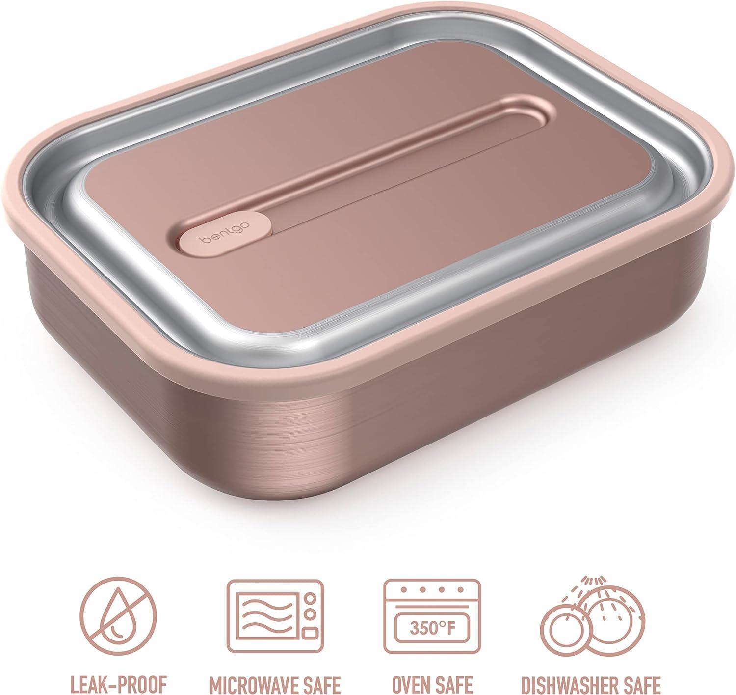 imageBentgo MicroSteel LeakProof Lunch Box MicrowaveSafe OvenSafe BentoStyle Container with Removable Divider Airtight Lid Sustainable Design Odor amp Stain Resistant Rose GoldRose Gold