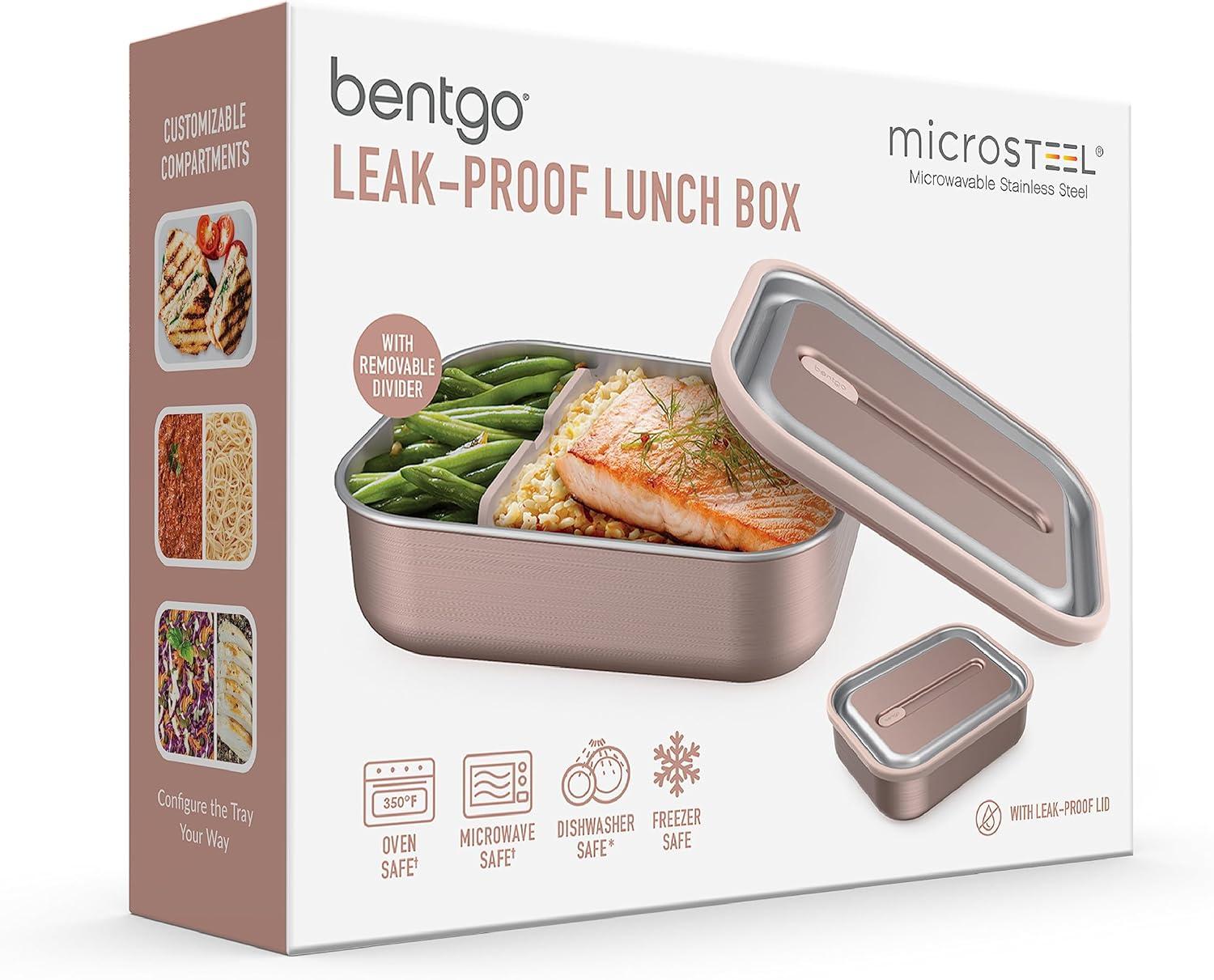 imageBentgo MicroSteel LeakProof Lunch Box MicrowaveSafe OvenSafe BentoStyle Container with Removable Divider Airtight Lid Sustainable Design Odor amp Stain Resistant Rose GoldRose Gold