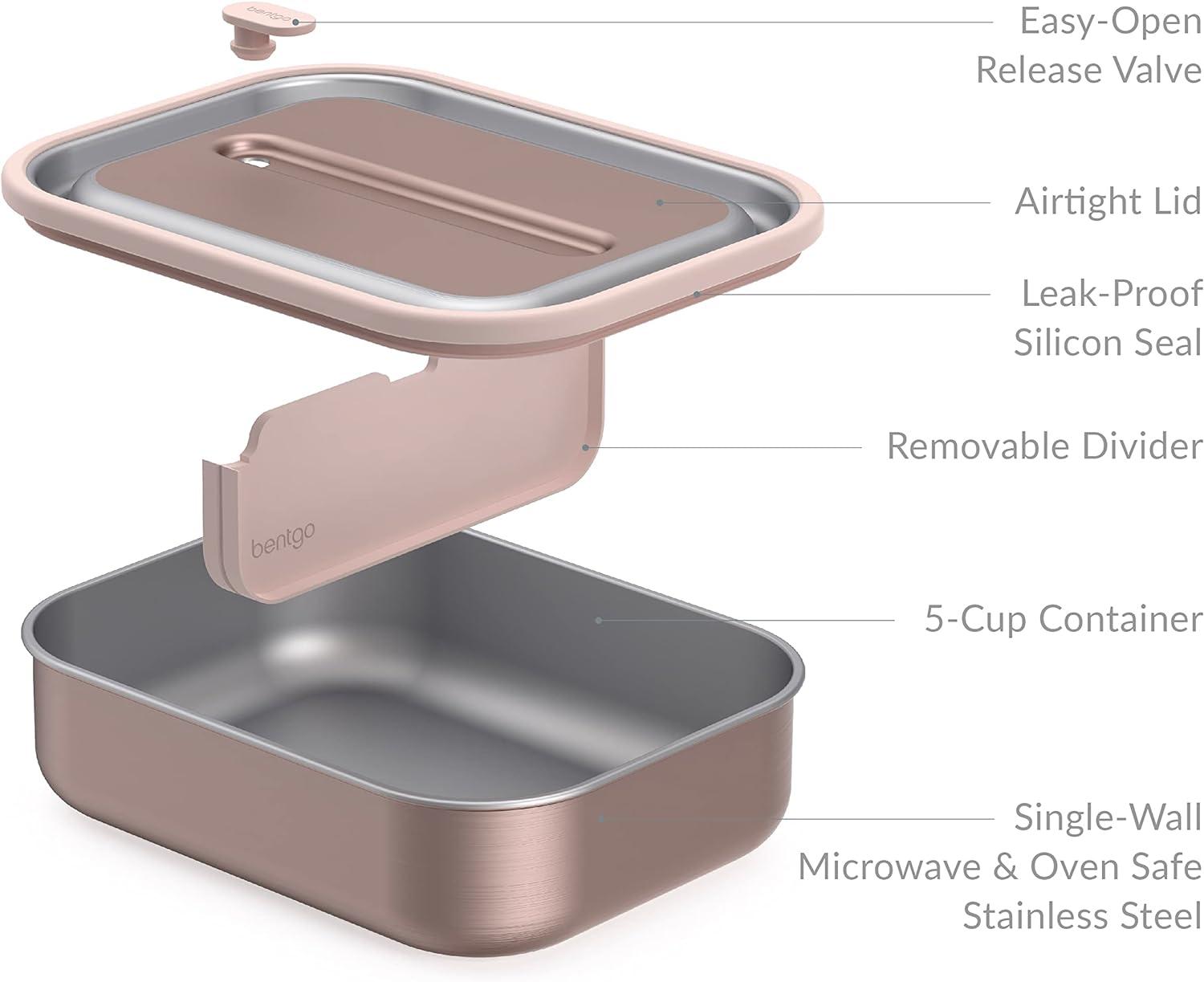 imageBentgo MicroSteel LeakProof Lunch Box MicrowaveSafe OvenSafe BentoStyle Container with Removable Divider Airtight Lid Sustainable Design Odor amp Stain Resistant Rose GoldRose Gold