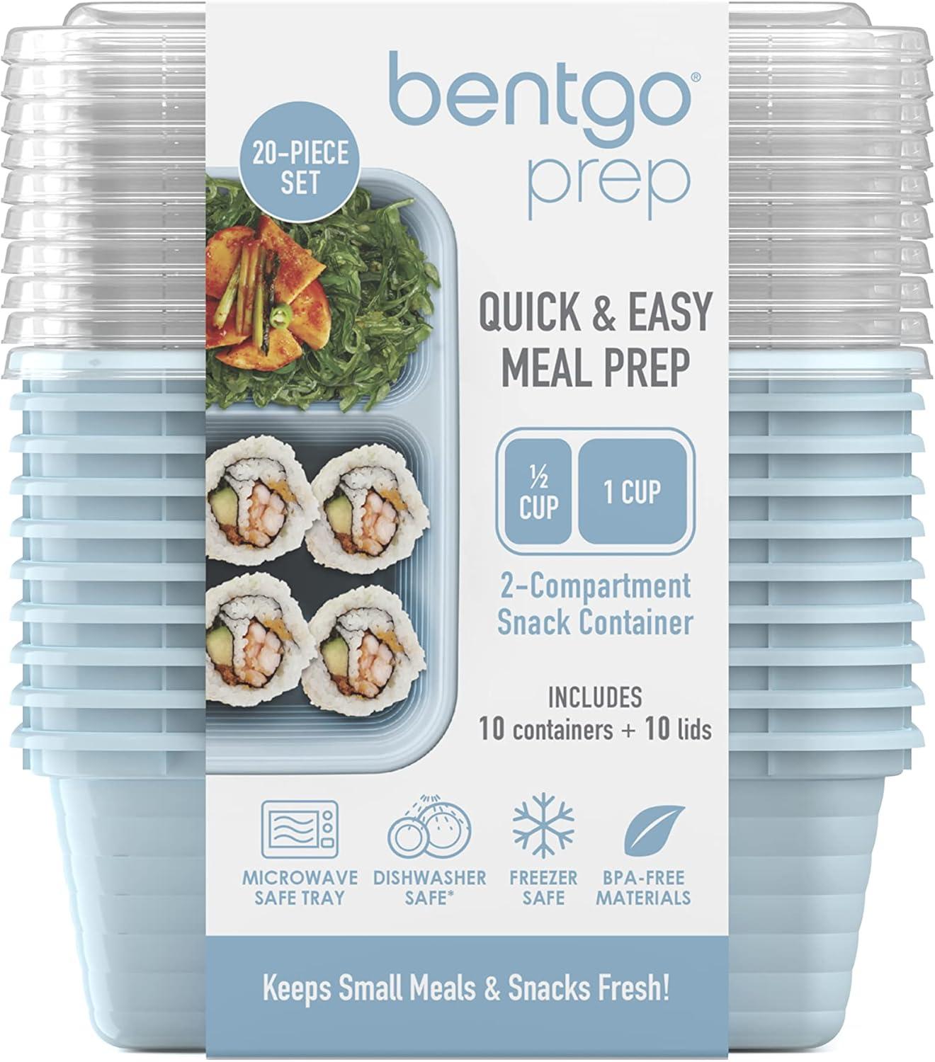 imageBentgo Prep 2Compartment Snack Containers with Lids Reusable Microwaveable Durable PFAS amp BPAFree Freezer and DishwasherSafe Meal Prep Food Storage 10 Trays amp 10 Lids SkySky