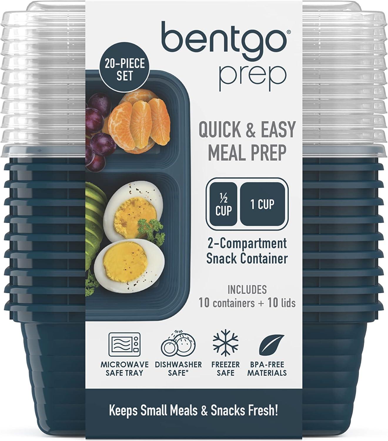 imageBentgo Prep 2Compartment Snack Containers with Lids Reusable Microwaveable Durable PFAS amp BPAFree Freezer and DishwasherSafe Meal Prep Food Storage 10 Trays amp 10 Lids SkyDeep Teal