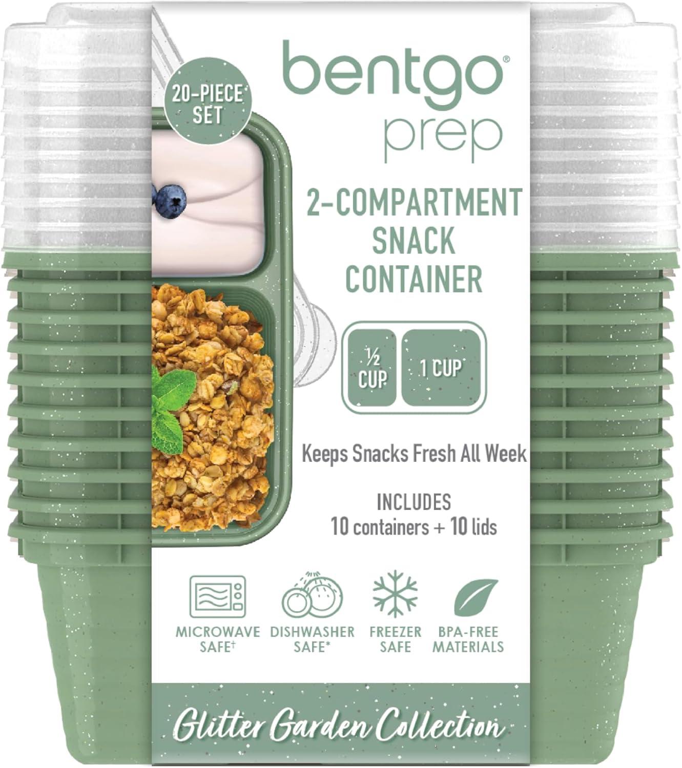 imageBentgo Prep 2Compartment Snack Containers with Lids Reusable Microwaveable Durable PFAS amp BPAFree Freezer and DishwasherSafe Meal Prep Food Storage 10 Trays amp 10 Lids SkyBasil Glitter