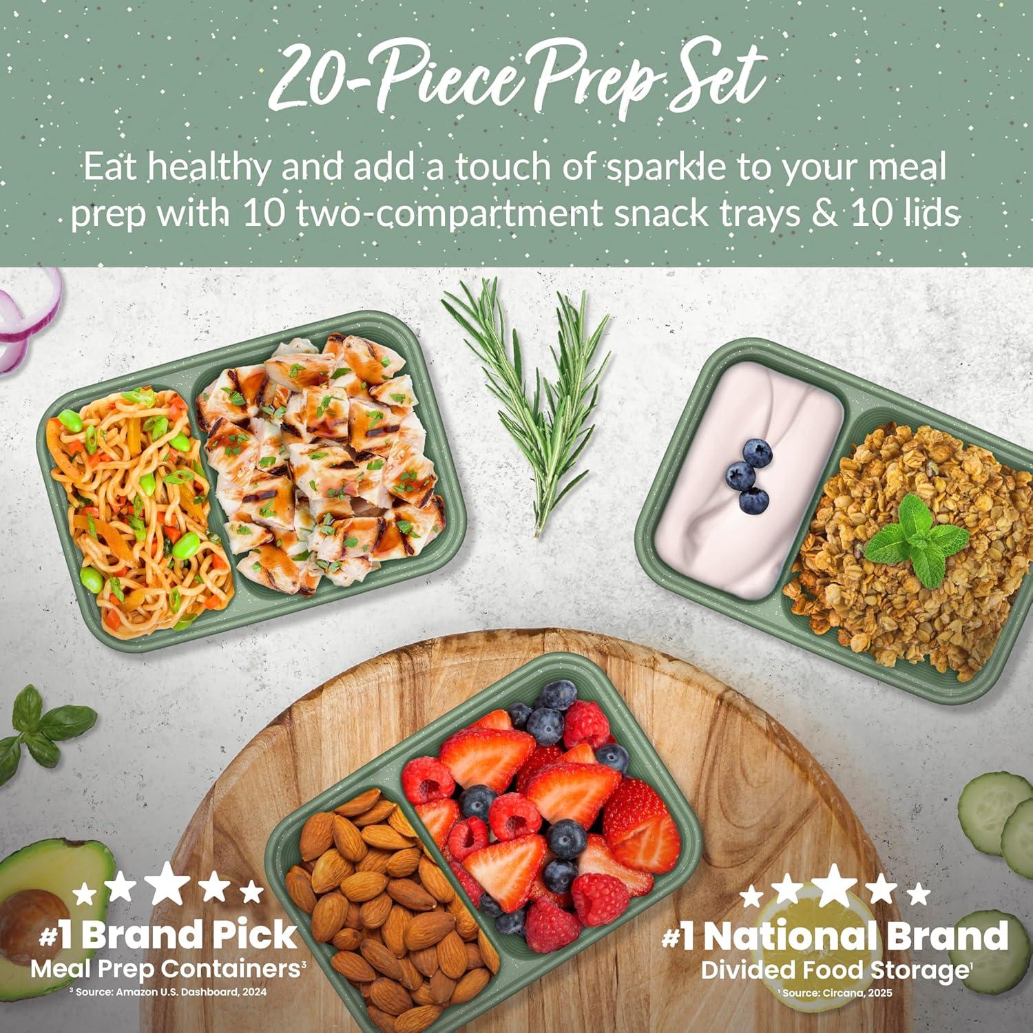 imageBentgo Prep 2Compartment Snack Containers with Lids Reusable Microwaveable Durable PFAS amp BPAFree Freezer and DishwasherSafe Meal Prep Food Storage 10 Trays amp 10 Lids SkyBasil Glitter