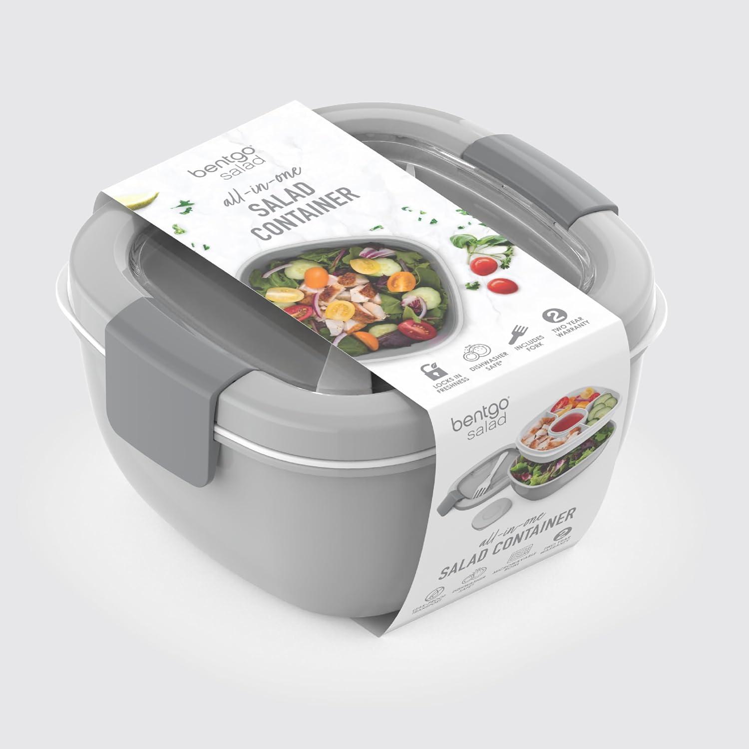 imageBentgo Salad Container 54 oz Bowl with 4Compartment Toppings Tray LeakProof Dressing Container Reusable Fork BPAFree Lunch Box for Meal Prep amp Food Storage Removable Bento Tray GrayGray