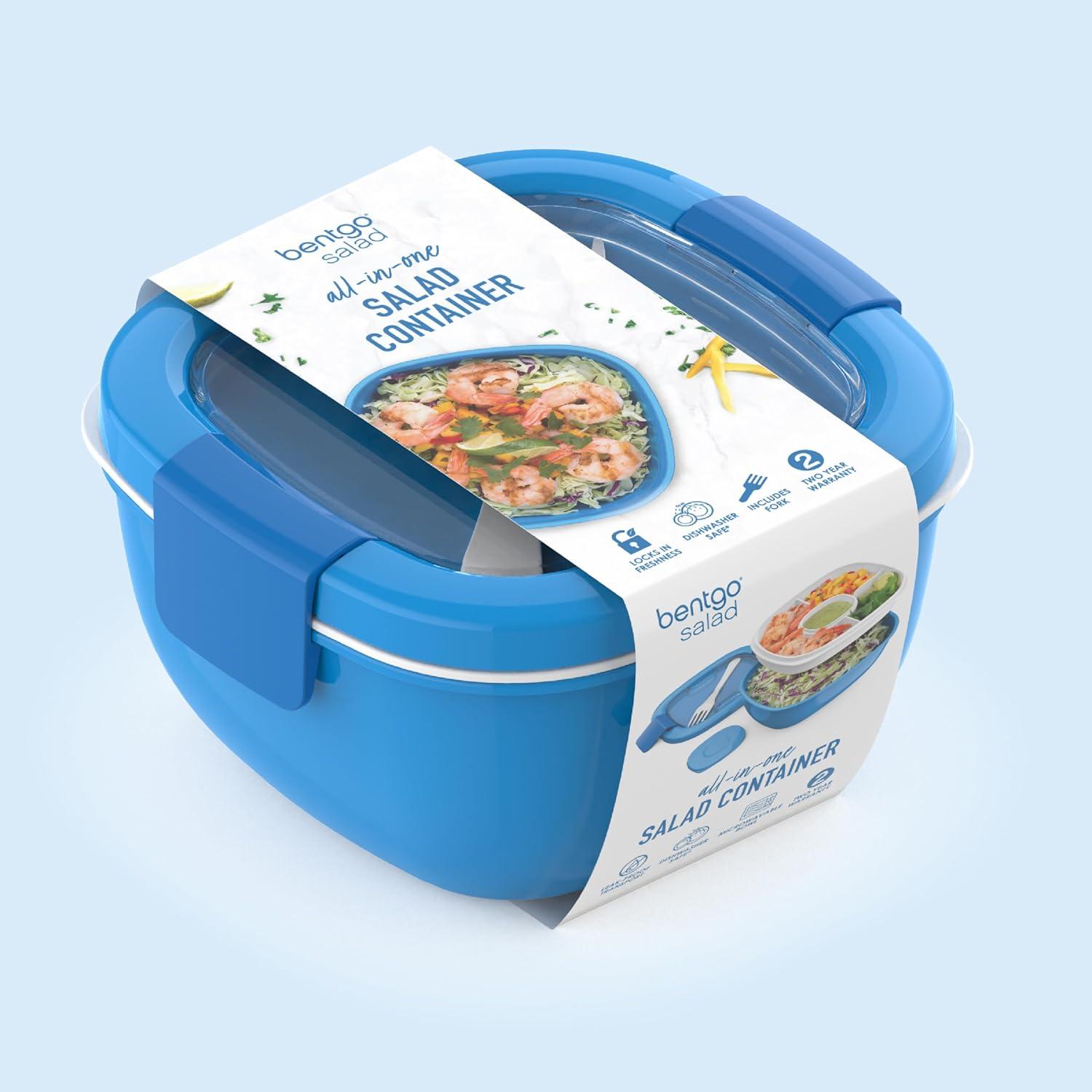 imageBentgo Salad Container 54 oz Bowl with 4Compartment Toppings Tray LeakProof Dressing Container Reusable Fork BPAFree Lunch Box for Meal Prep amp Food Storage Removable Bento Tray GrayBlue