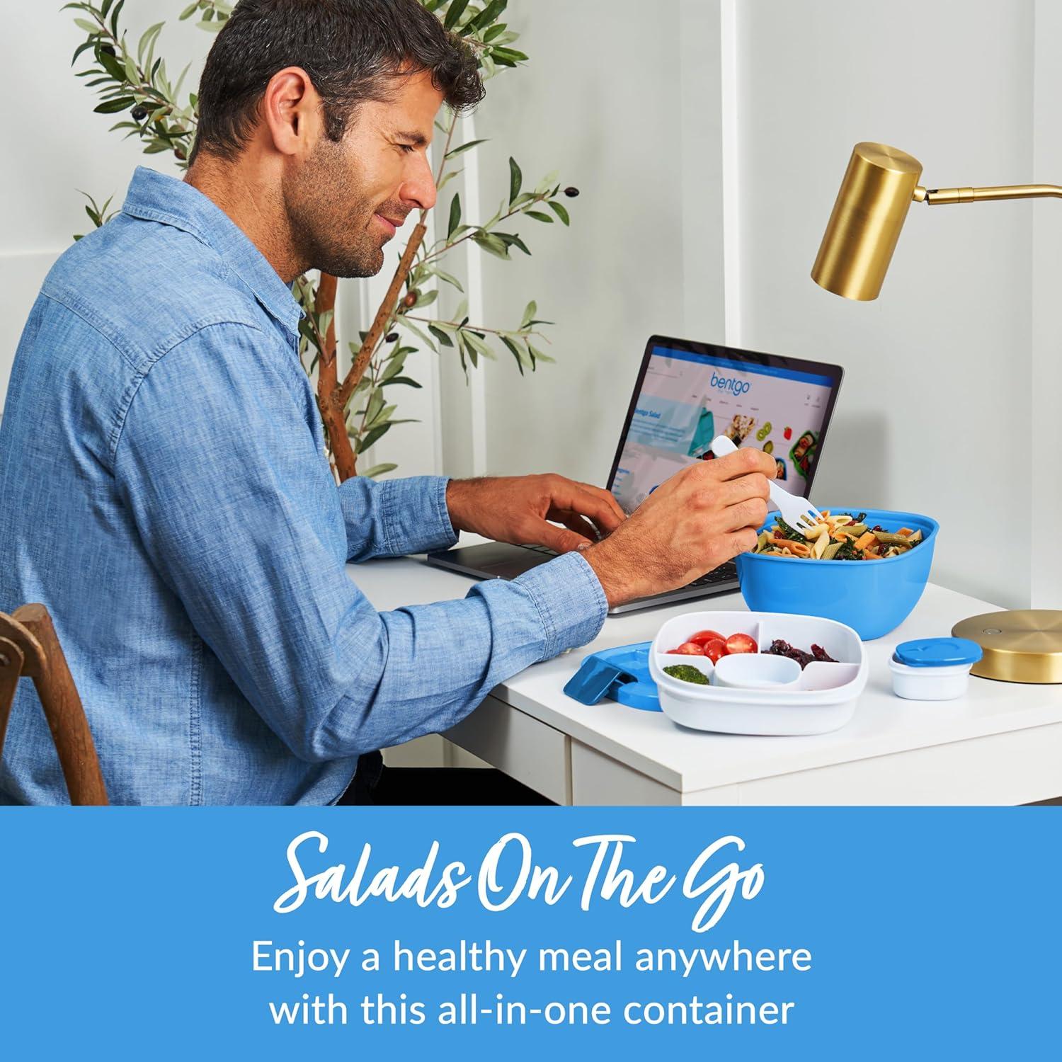 imageBentgo Salad Container 54 oz Bowl with 4Compartment Toppings Tray LeakProof Dressing Container Reusable Fork BPAFree Lunch Box for Meal Prep amp Food Storage Removable Bento Tray GrayBlue
