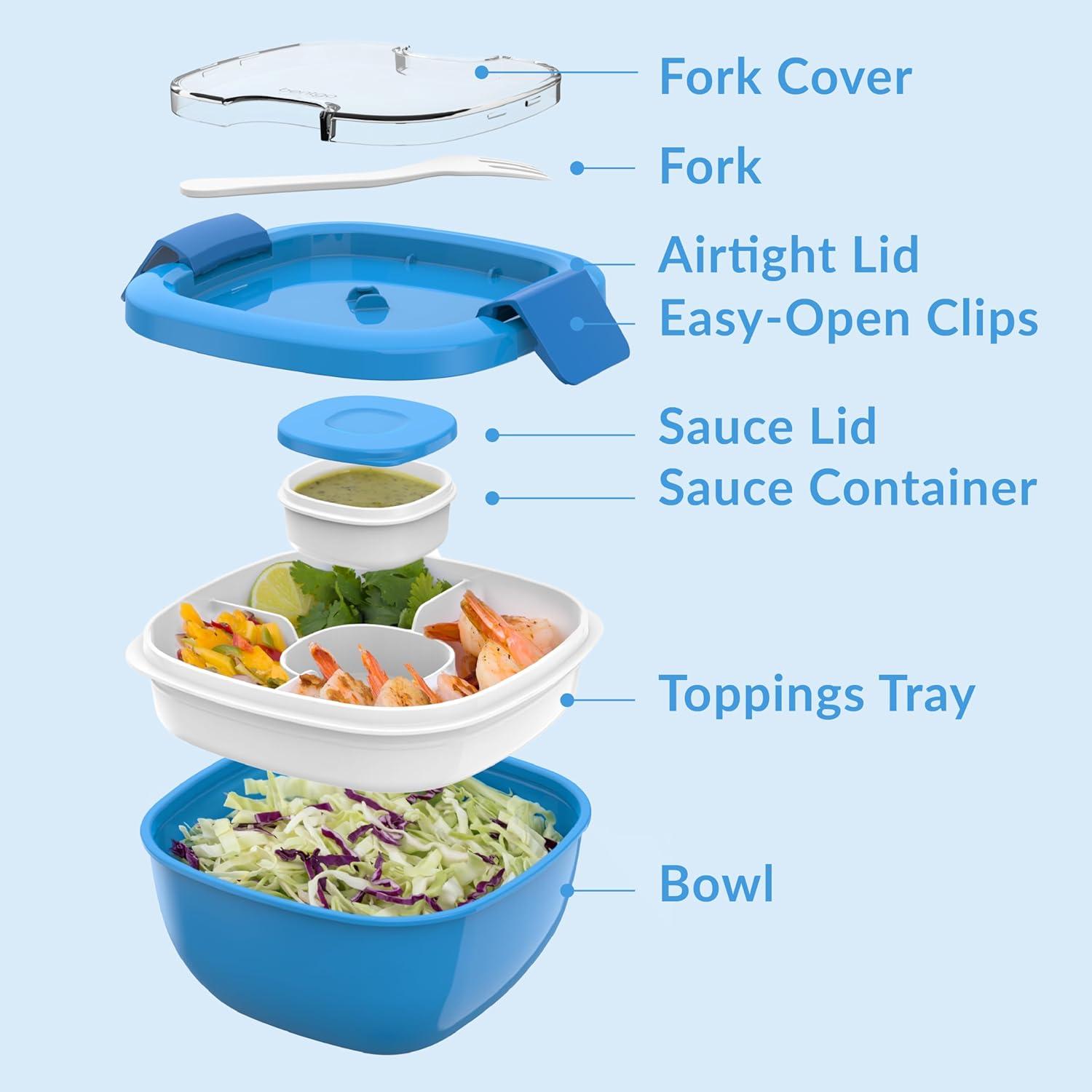 imageBentgo Salad Container 54 oz Bowl with 4Compartment Toppings Tray LeakProof Dressing Container Reusable Fork BPAFree Lunch Box for Meal Prep amp Food Storage Removable Bento Tray GrayBlue