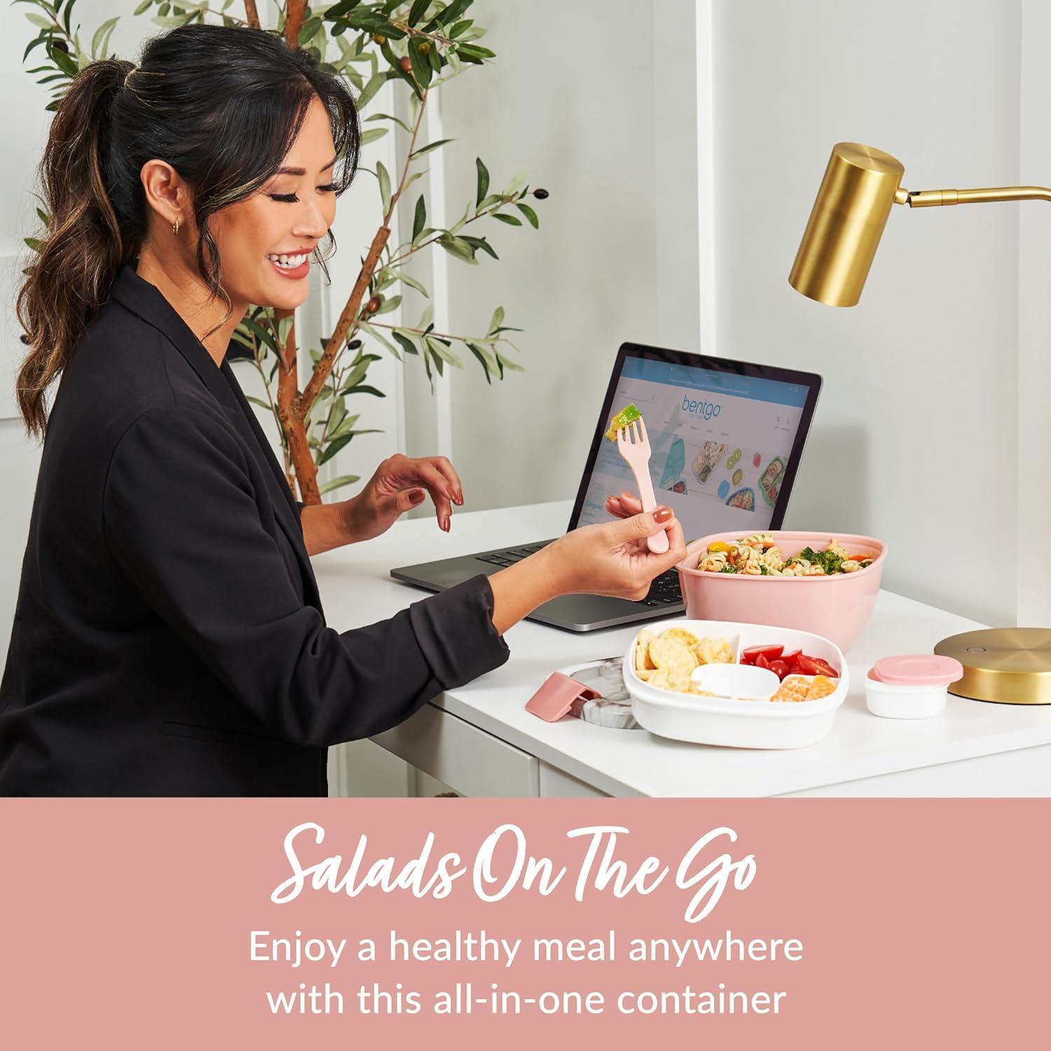imageBentgo Salad Container 54 oz Bowl with 4Compartment Toppings Tray LeakProof Dressing Container Reusable Fork BPAFree Lunch Box for Meal Prep amp Food Storage Removable Bento Tray GrayBlush Marble