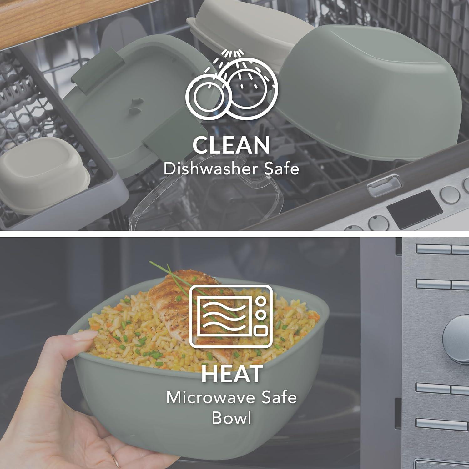 imageBentgo Salad Container 54 oz Bowl with 4Compartment Toppings Tray LeakProof Dressing Container Reusable Fork BPAFree Lunch Box for Meal Prep amp Food Storage Removable Bento Tray GrayKhaki Green