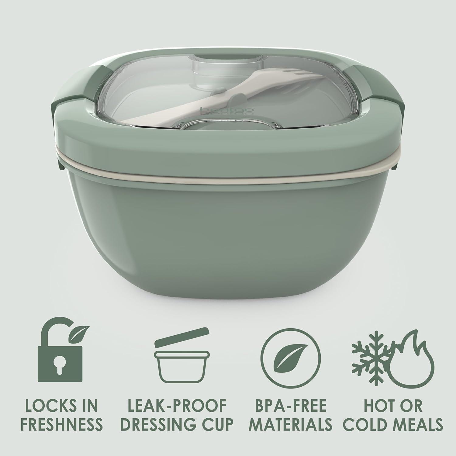 imageBentgo Salad Container 54 oz Bowl with 4Compartment Toppings Tray LeakProof Dressing Container Reusable Fork BPAFree Lunch Box for Meal Prep amp Food Storage Removable Bento Tray GrayKhaki Green