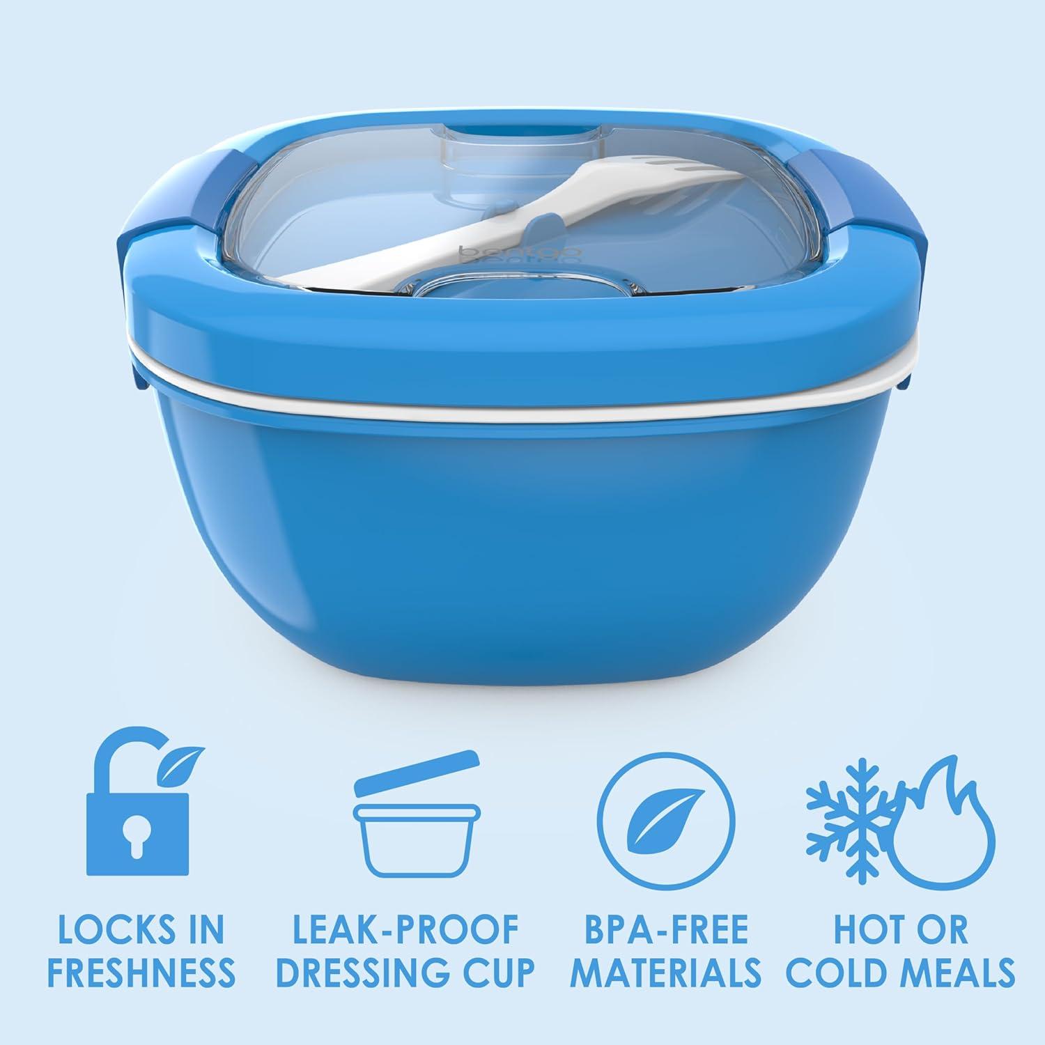 imageBentgo Salad Container 54 oz Bowl with 4Compartment Toppings Tray LeakProof Dressing Container Reusable Fork BPAFree Lunch Box for Meal Prep amp Food Storage Removable Bento Tray GrayBlue