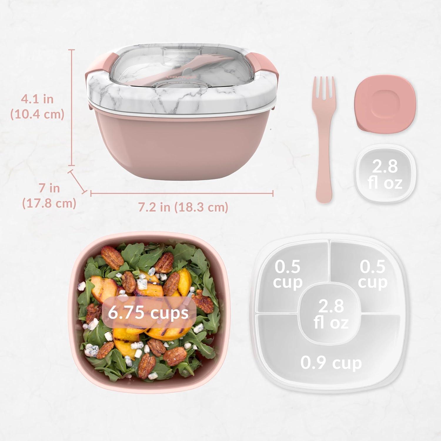 imageBentgo Salad Container 54 oz Bowl with 4Compartment Toppings Tray LeakProof Dressing Container Reusable Fork BPAFree Lunch Box for Meal Prep amp Food Storage Removable Bento Tray GrayBlush Marble