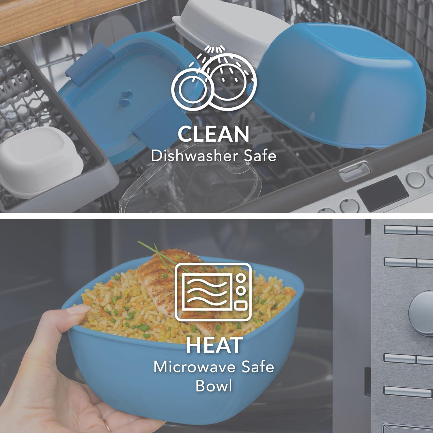 imageBentgo Salad Container 54 oz Bowl with 4Compartment Toppings Tray LeakProof Dressing Container Reusable Fork BPAFree Lunch Box for Meal Prep amp Food Storage Removable Bento Tray GrayBlue