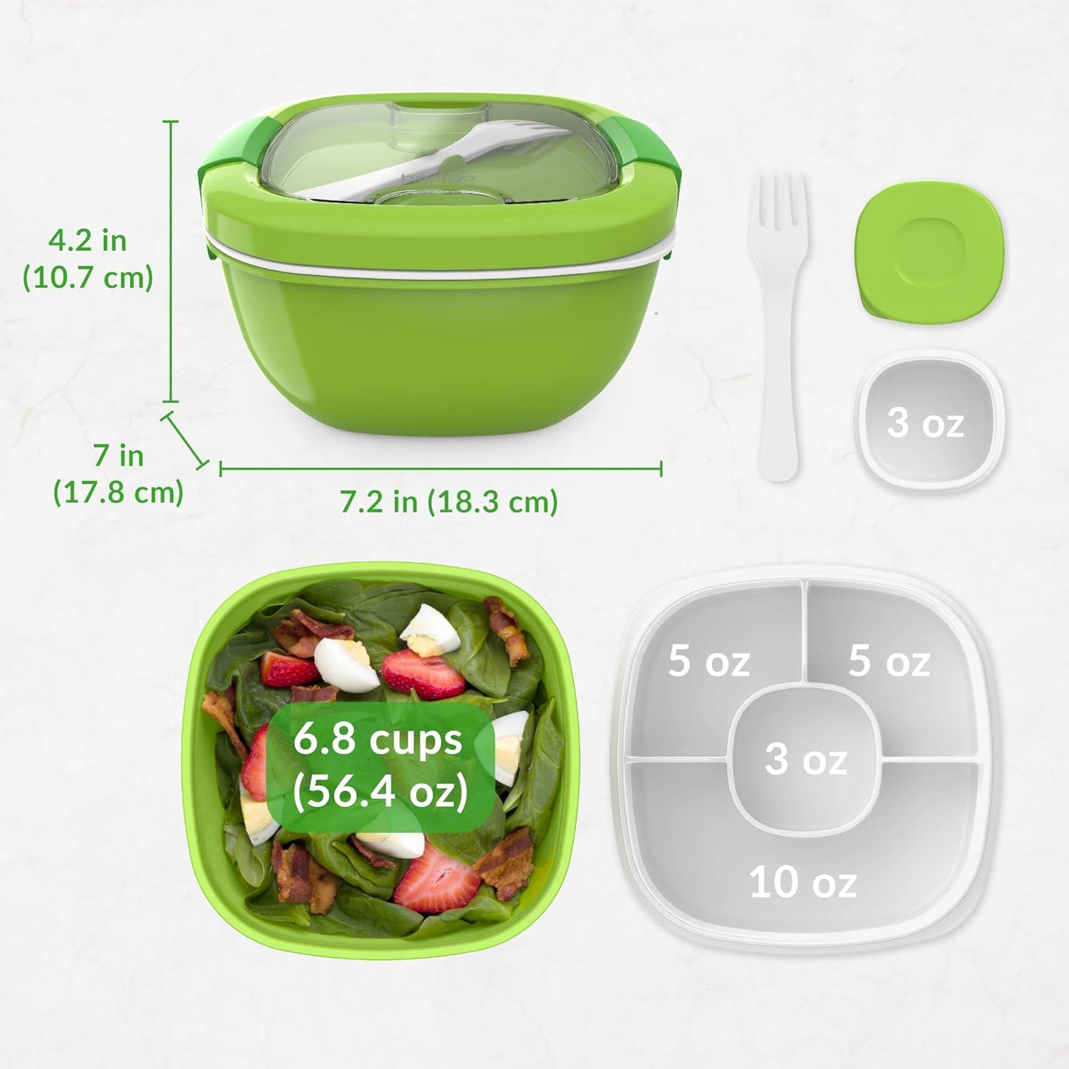 imageBentgo Salad Container 54 oz Bowl with 4Compartment Toppings Tray LeakProof Dressing Container Reusable Fork BPAFree Lunch Box for Meal Prep amp Food Storage Removable Bento Tray GrayGreen