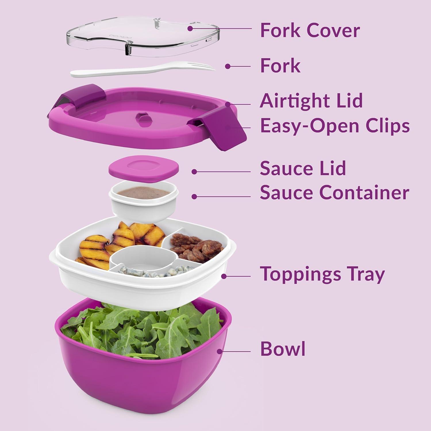 imageBentgo Salad Container 54 oz Bowl with 4Compartment Toppings Tray LeakProof Dressing Container Reusable Fork BPAFree Lunch Box for Meal Prep amp Food Storage Removable Bento Tray GrayPurple