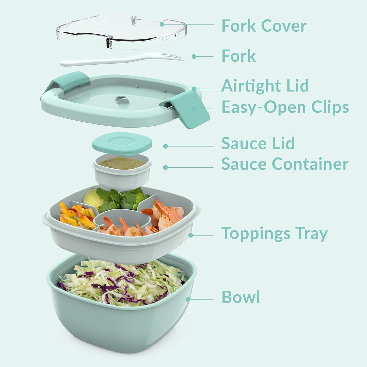 imageBentgo Salad Container 54 oz Bowl with 4Compartment Toppings Tray LeakProof Dressing Container Reusable Fork BPAFree Lunch Box for Meal Prep amp Food Storage Removable Bento Tray GrayCoastal Aqua