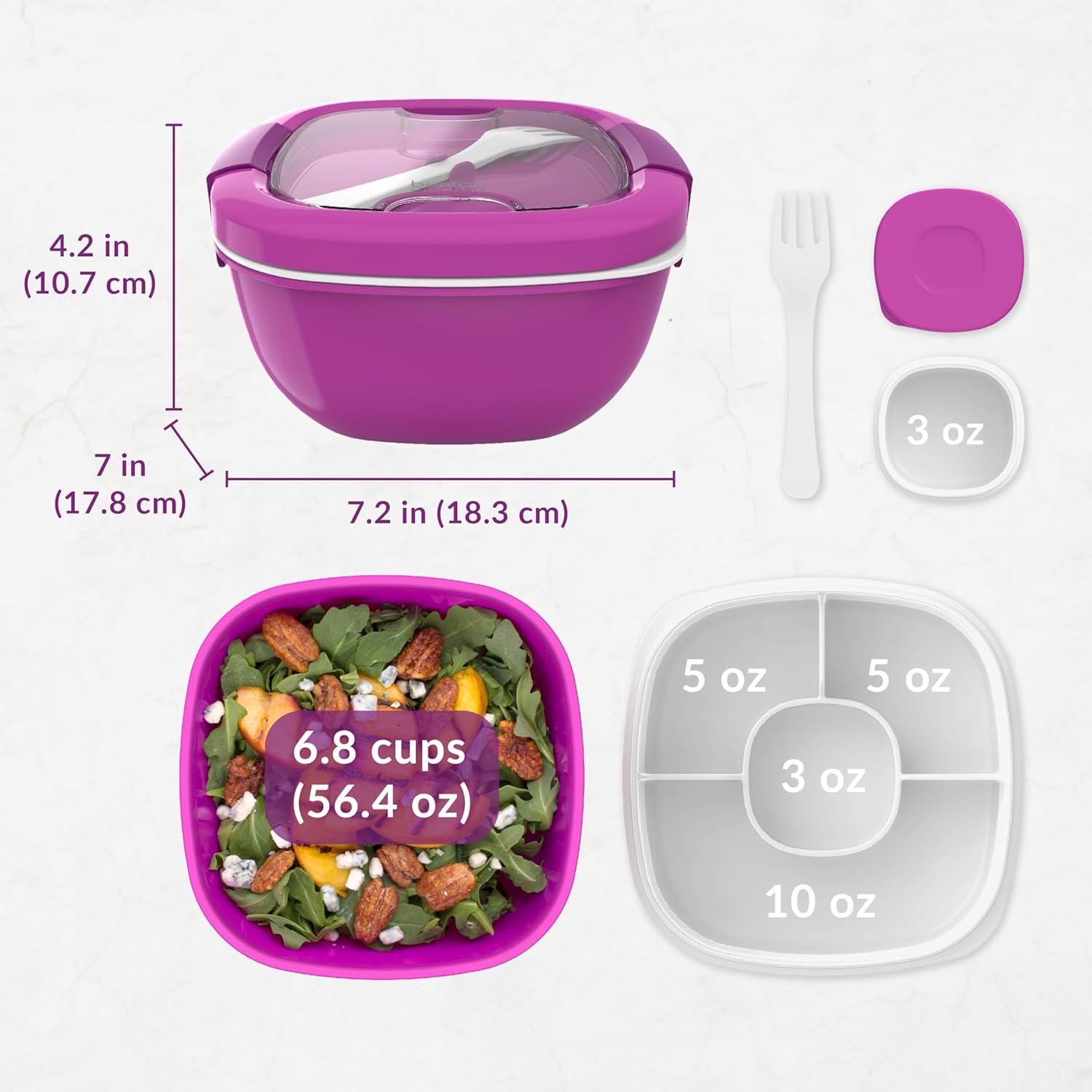 imageBentgo Salad Container 54 oz Bowl with 4Compartment Toppings Tray LeakProof Dressing Container Reusable Fork BPAFree Lunch Box for Meal Prep amp Food Storage Removable Bento Tray GrayPurple