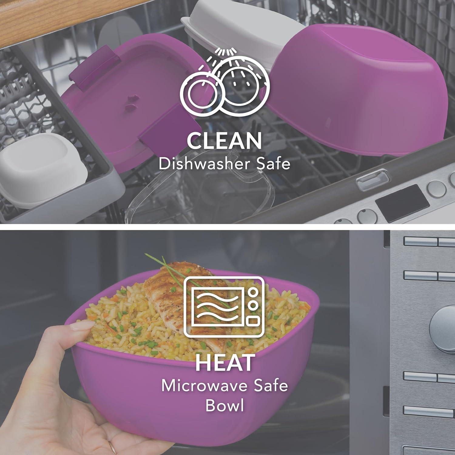 imageBentgo Salad Container 54 oz Bowl with 4Compartment Toppings Tray LeakProof Dressing Container Reusable Fork BPAFree Lunch Box for Meal Prep amp Food Storage Removable Bento Tray GrayPurple