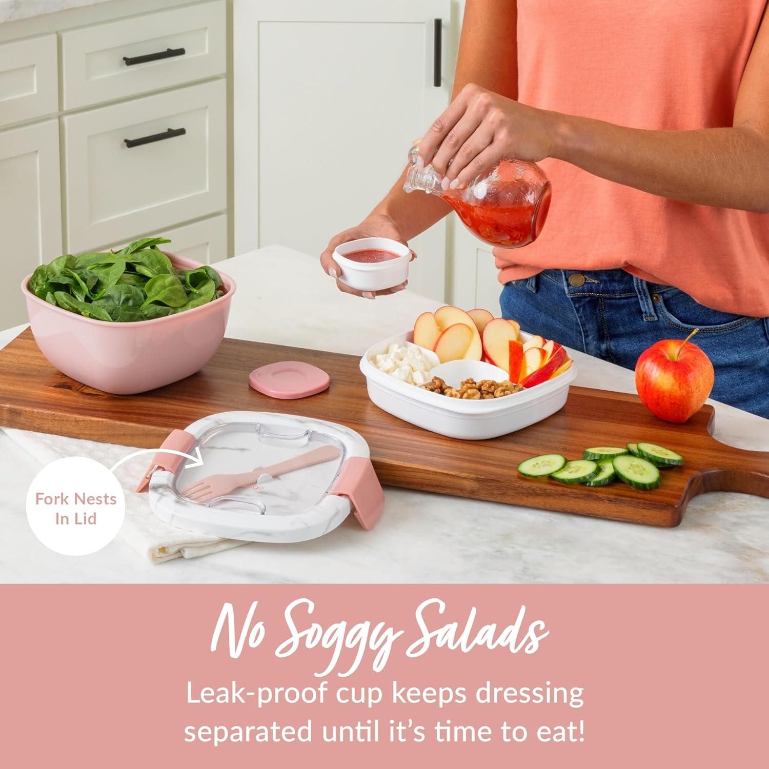 imageBentgo Salad Container 54 oz Bowl with 4Compartment Toppings Tray LeakProof Dressing Container Reusable Fork BPAFree Lunch Box for Meal Prep amp Food Storage Removable Bento Tray GrayBlush Marble