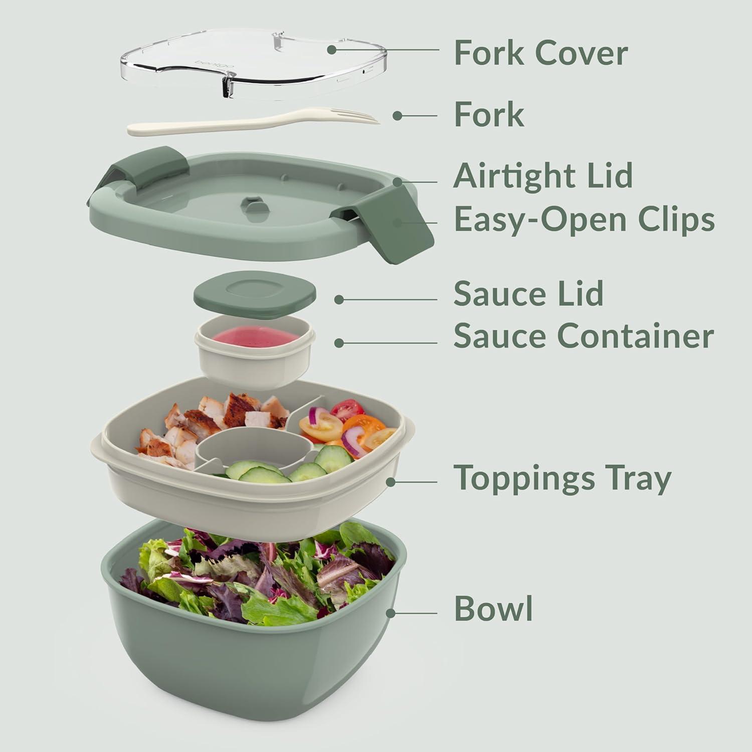 imageBentgo Salad Container 54 oz Bowl with 4Compartment Toppings Tray LeakProof Dressing Container Reusable Fork BPAFree Lunch Box for Meal Prep amp Food Storage Removable Bento Tray GrayKhaki Green