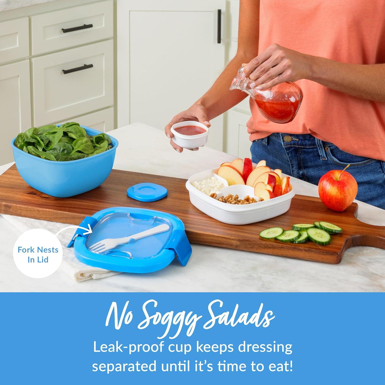 imageBentgo Salad Container 54 oz Bowl with 4Compartment Toppings Tray LeakProof Dressing Container Reusable Fork BPAFree Lunch Box for Meal Prep amp Food Storage Removable Bento Tray GrayBlue